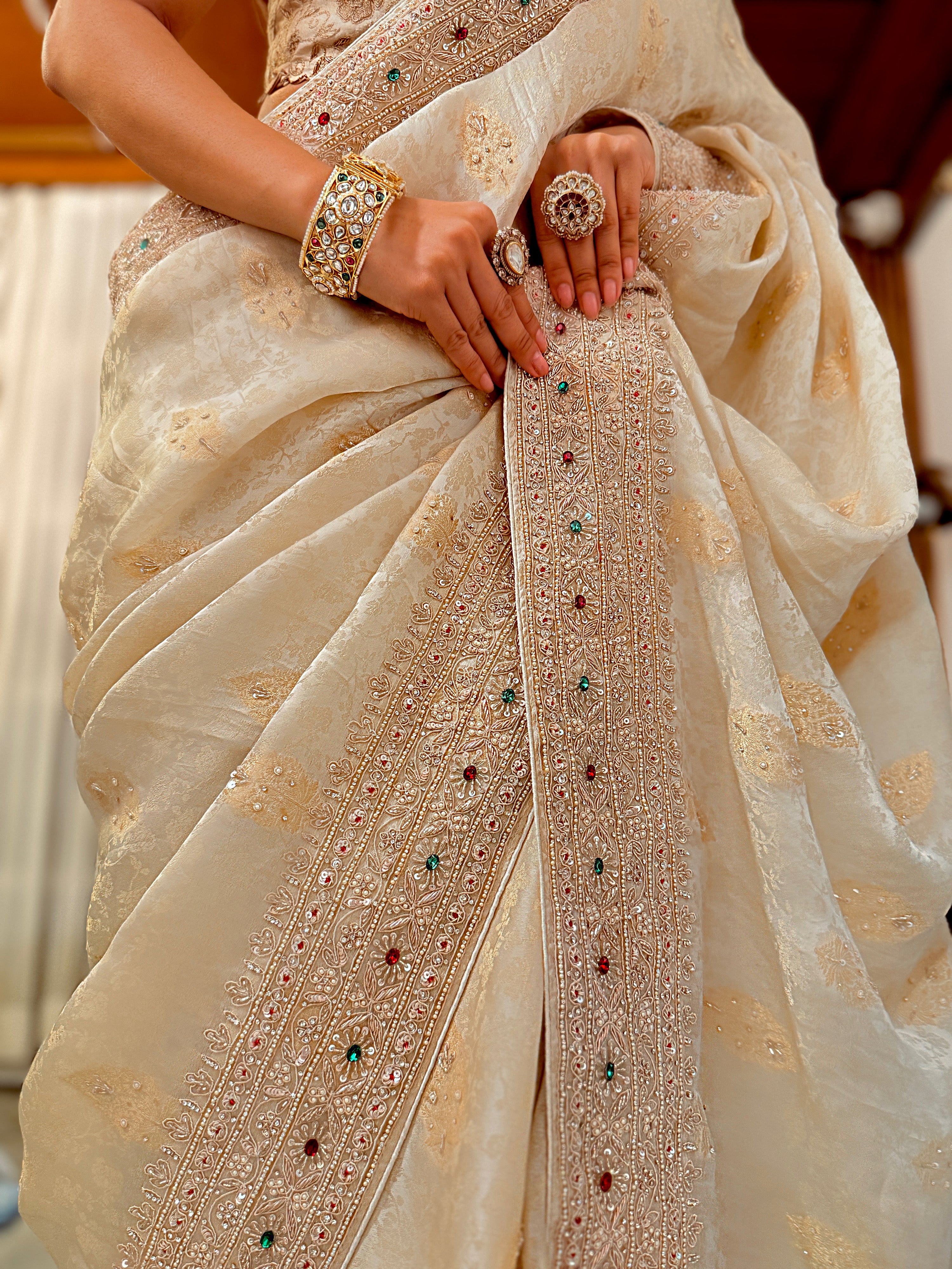 Ivory zari woven Chanderi Heavy Zardosi Hand-embroidered Saree with unstitched Blouse piece