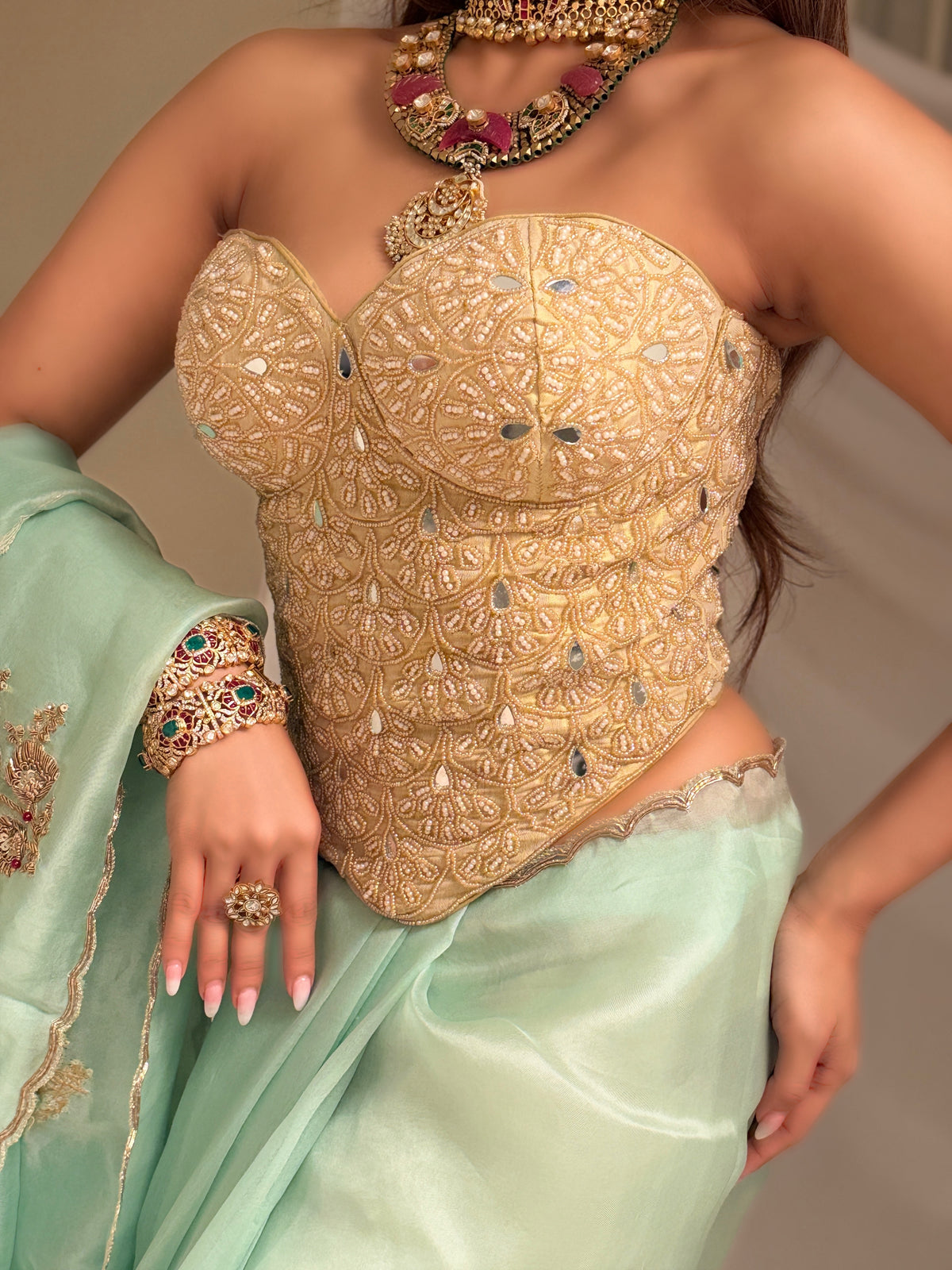 Sea-Green Latkan Zardosi Work Pure Organza Saree