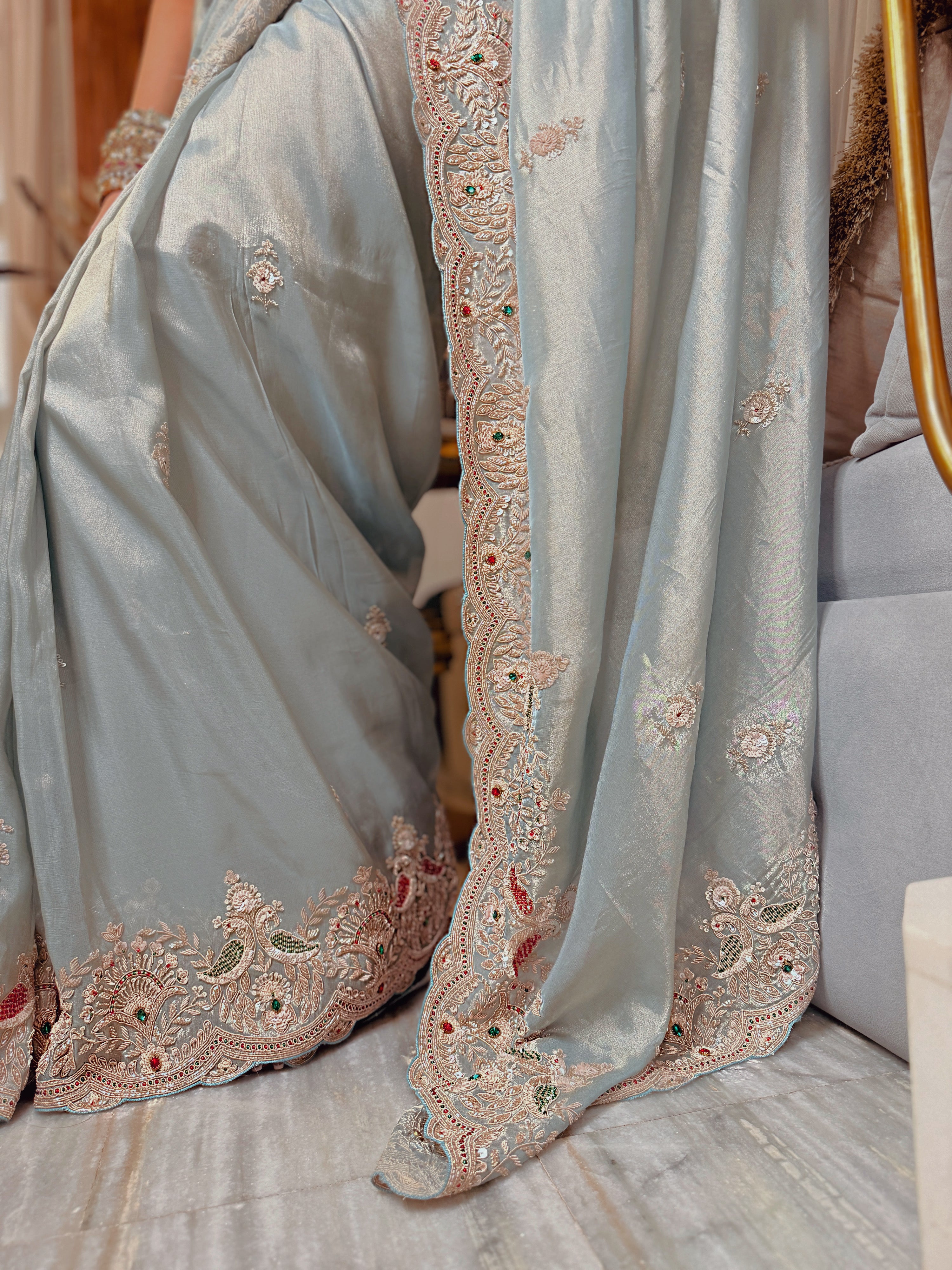 Pastel Sky-Blue zari woven Kanjivaram Tissue Heavy Zardosi Designer Saree with Blouse piece