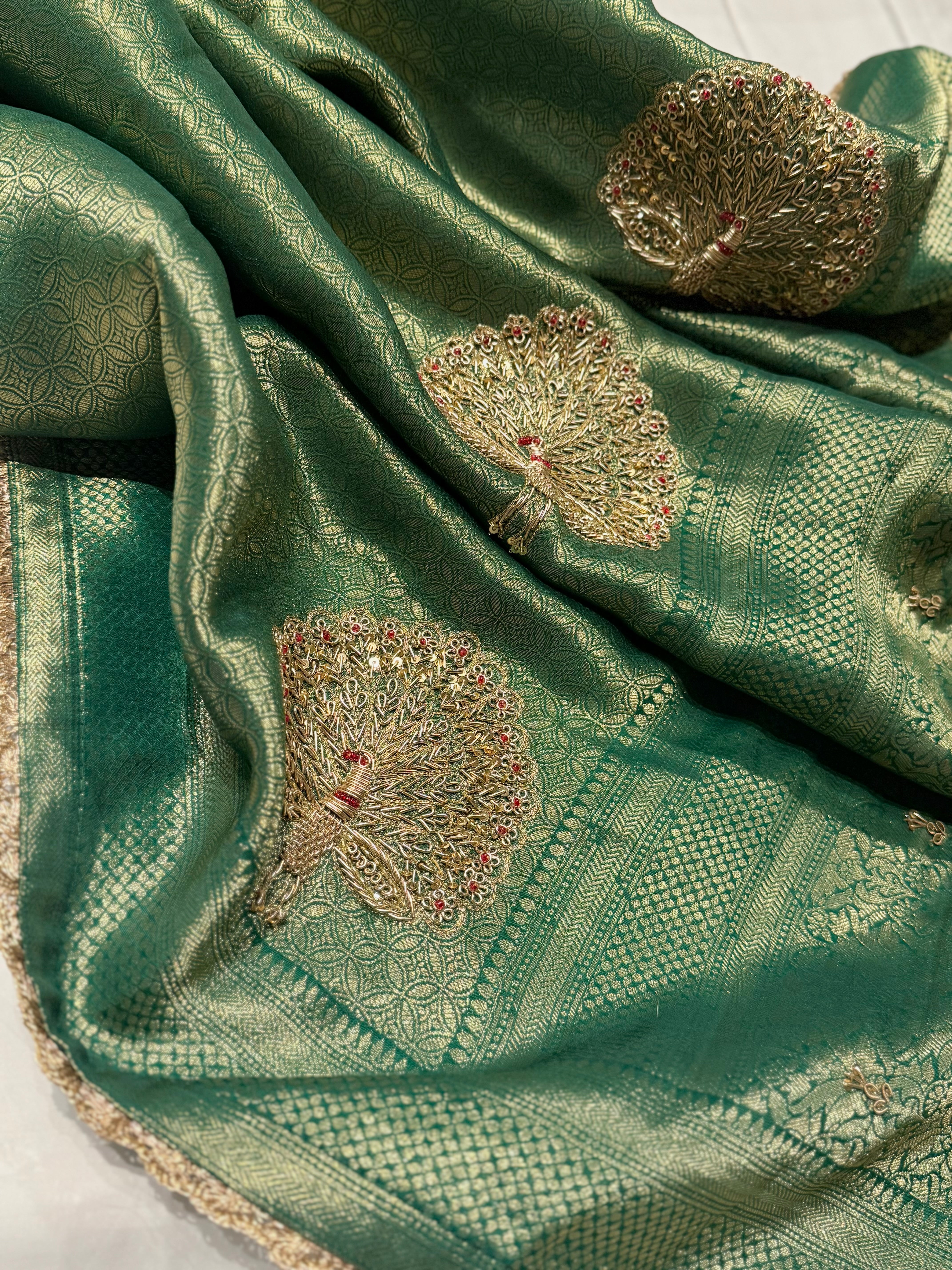 Zardosi peacock motif brocade silk saree