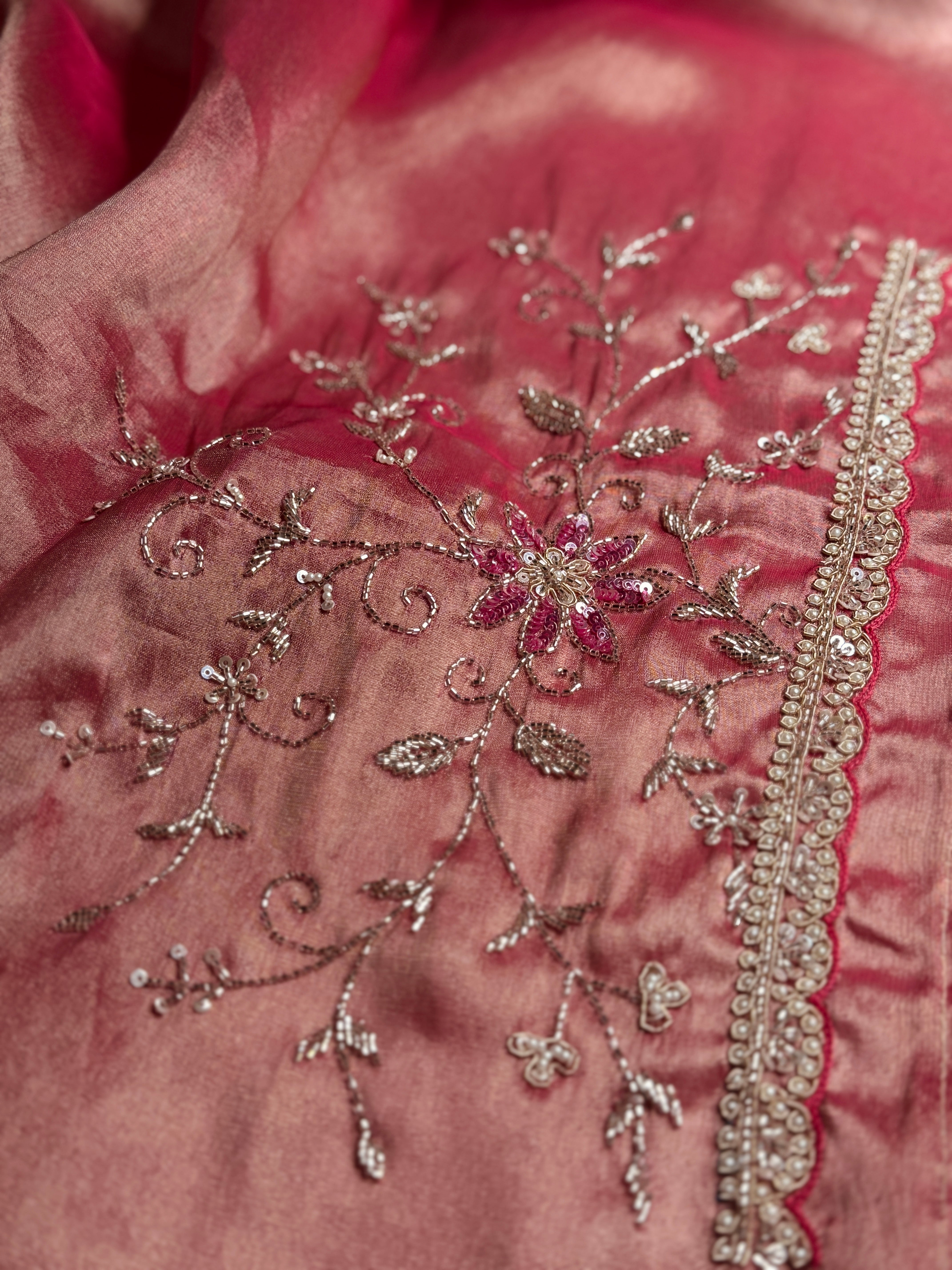 Blush Pink Kanjivaram Tissue silk Designer saree with unstitched Blouse