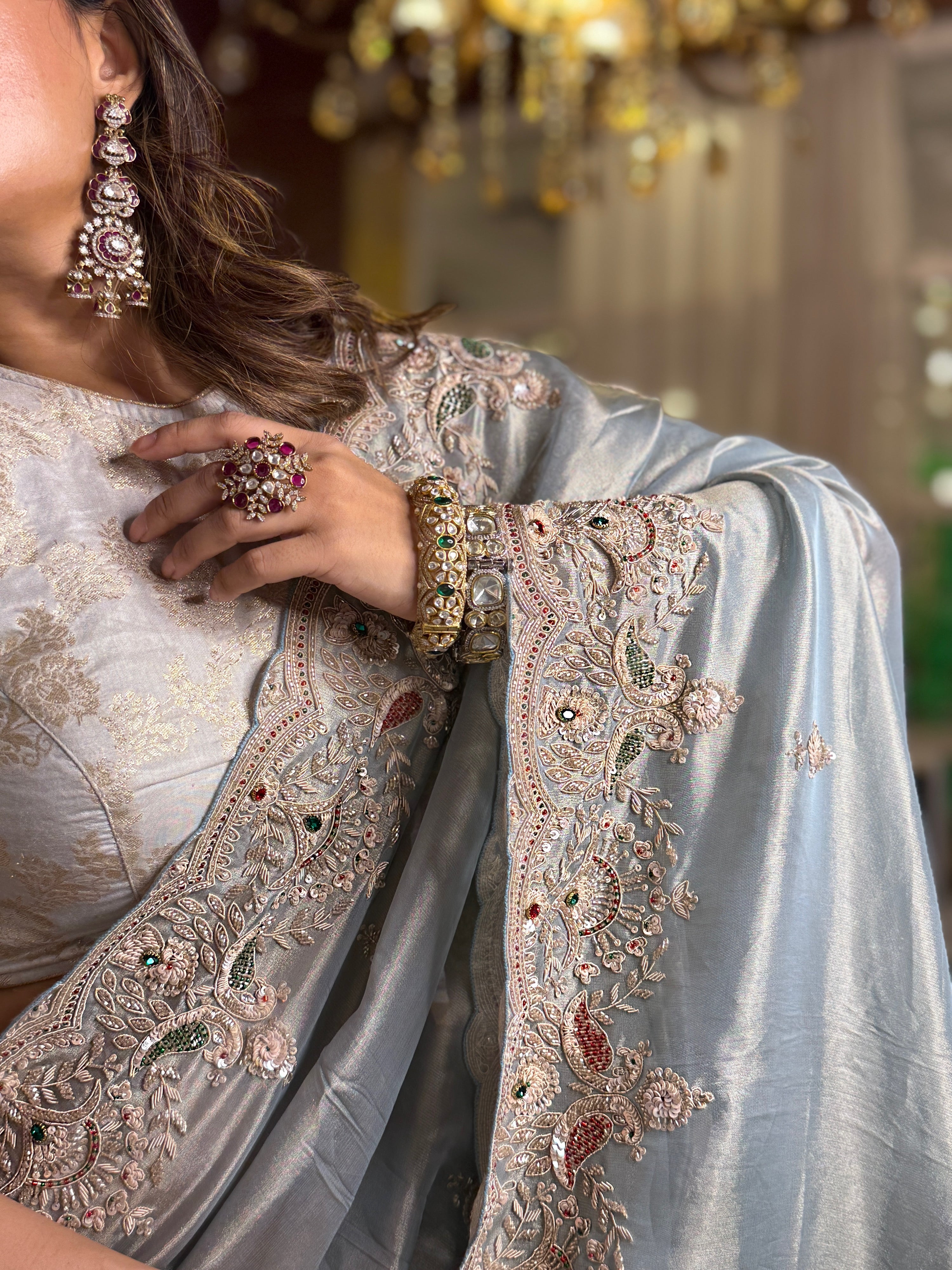 Pastel Sky-Blue zari woven Kanjivaram Tissue Heavy Zardosi Designer Saree with Blouse piece