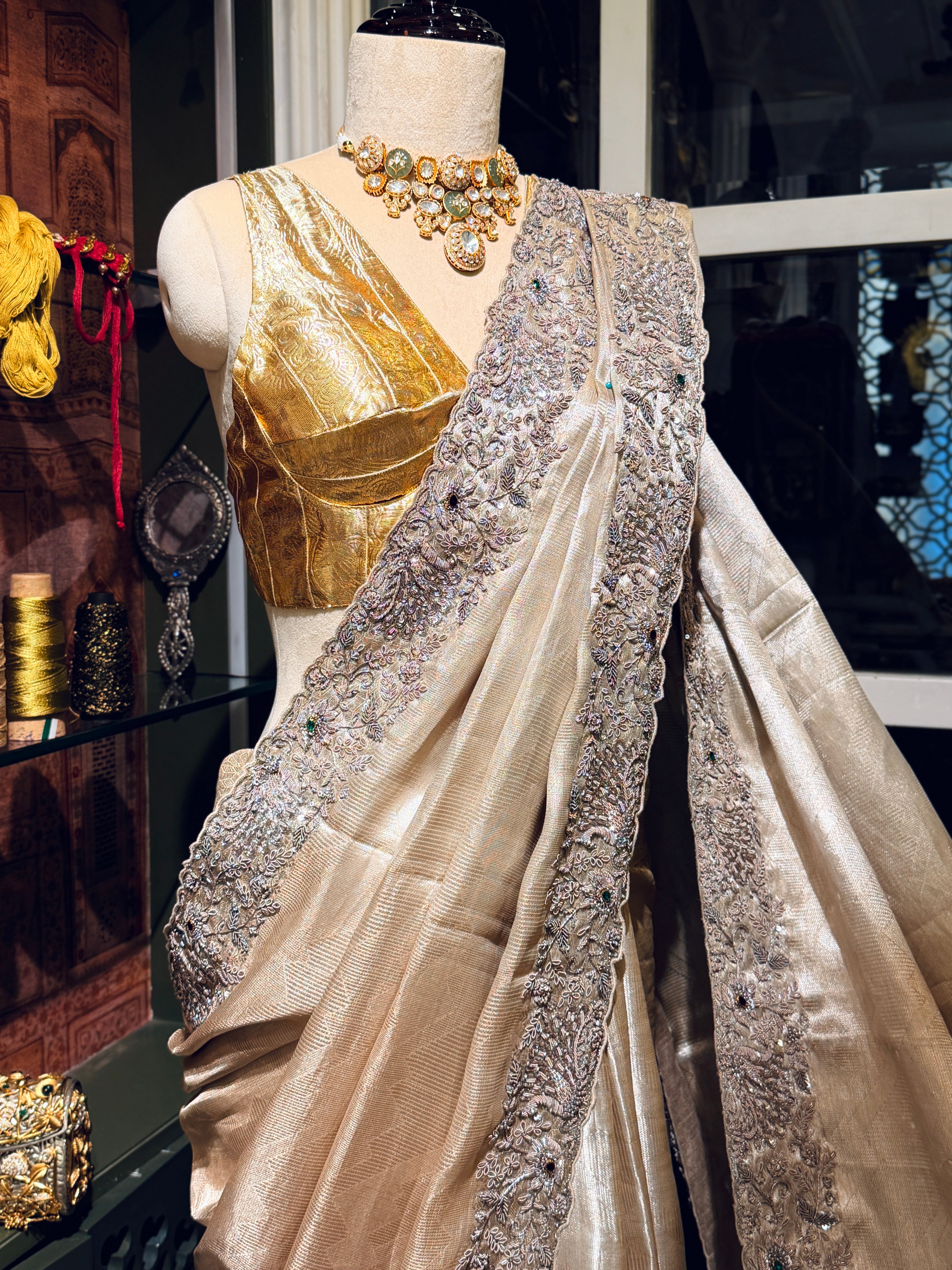 Pure Tissue Silver Jacquard Heavy hand embroidered saree