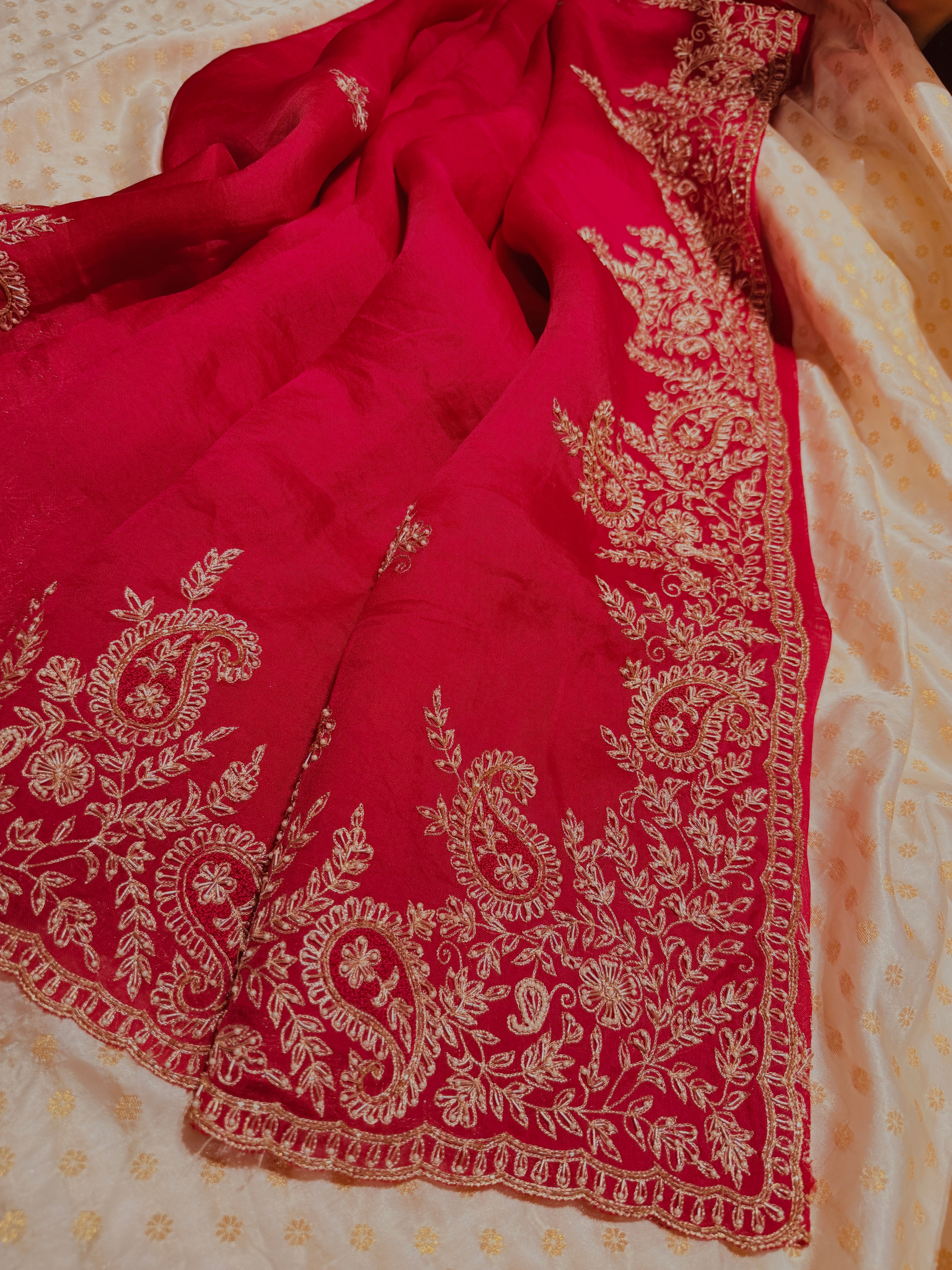 Vermillion Red kora Banasari Zardosi silk saree