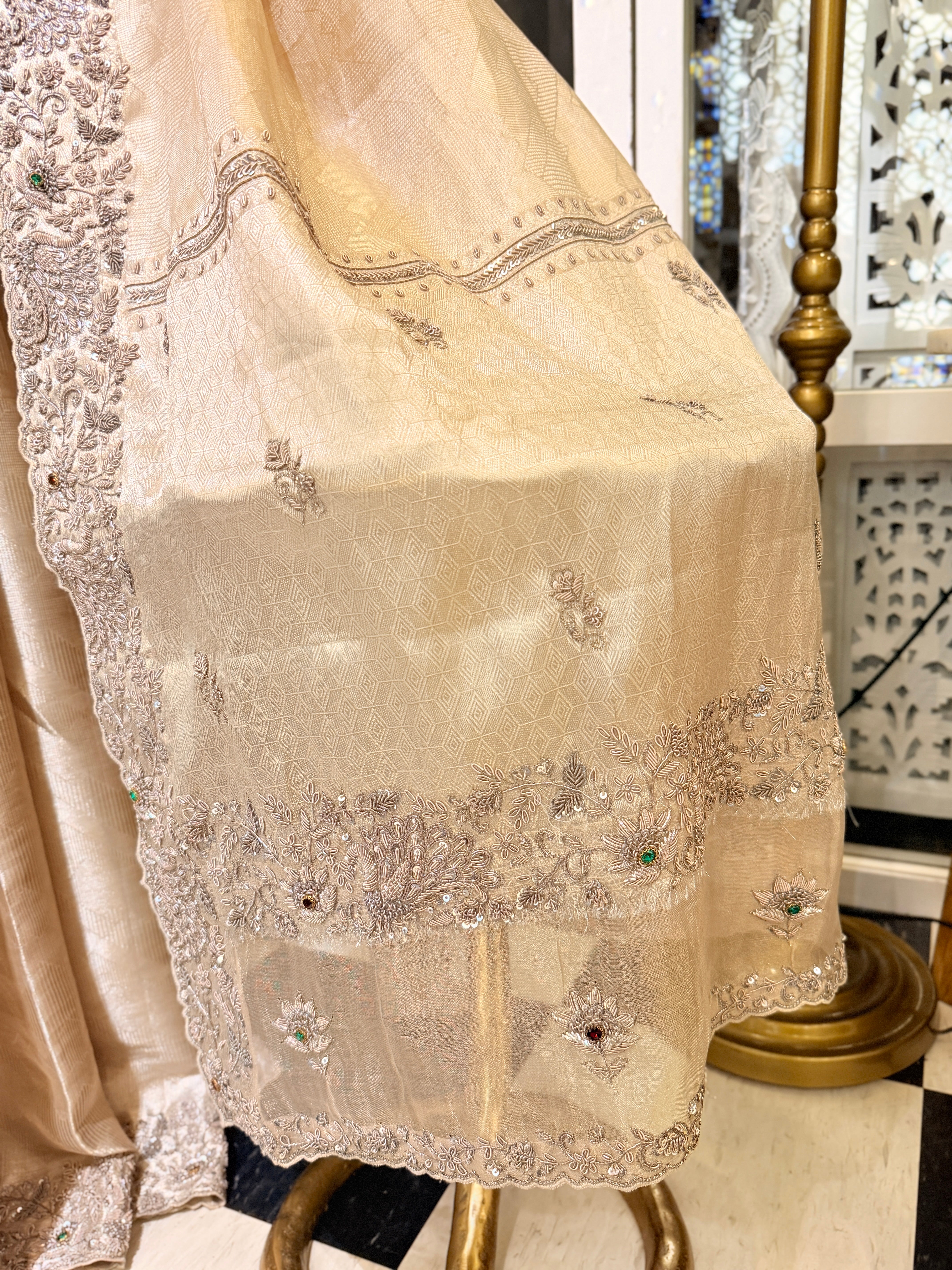 Pure Tissue Silver Jacquard Heavy hand embroidered saree