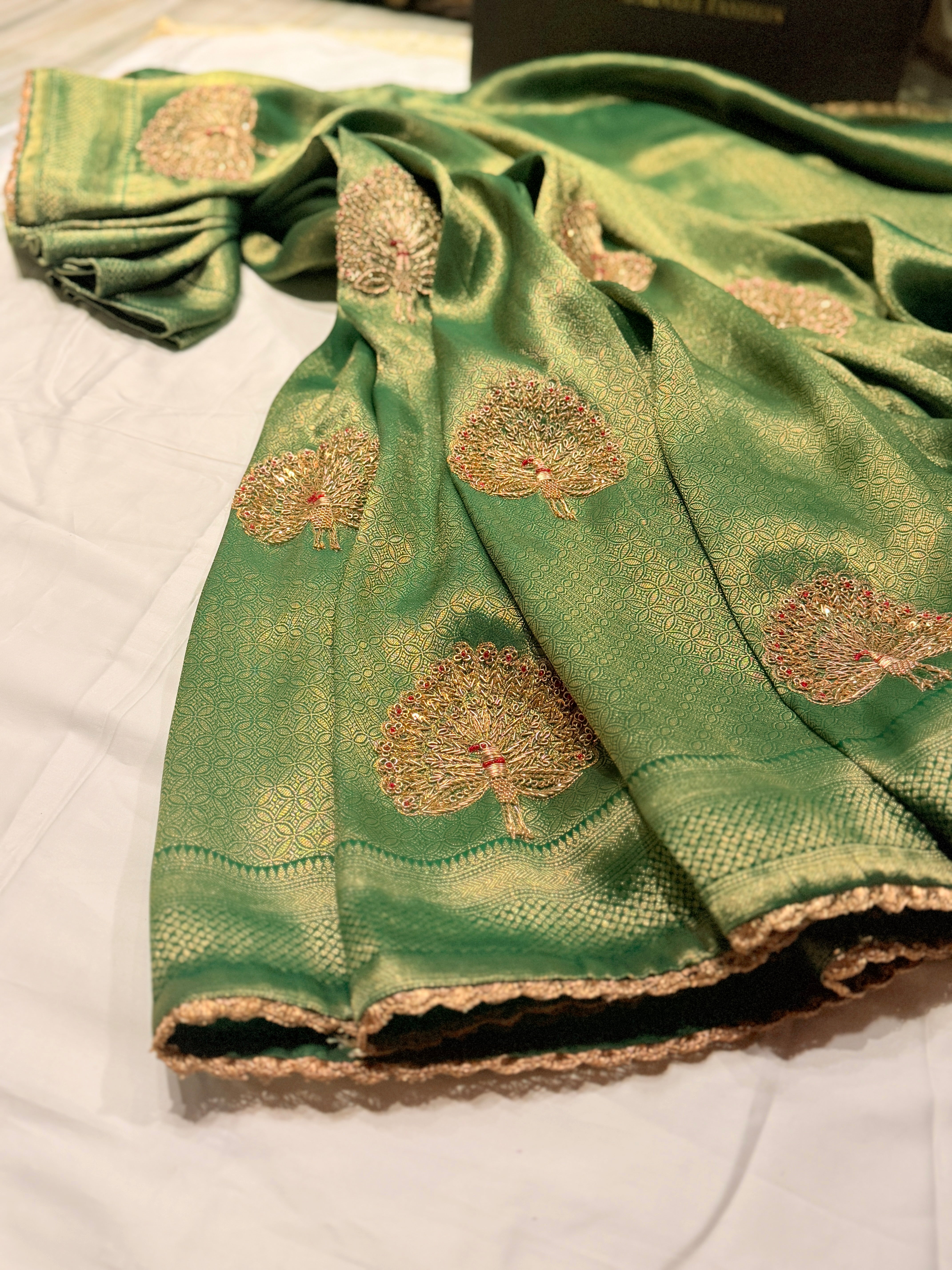 Zardosi peacock motif brocade silk saree