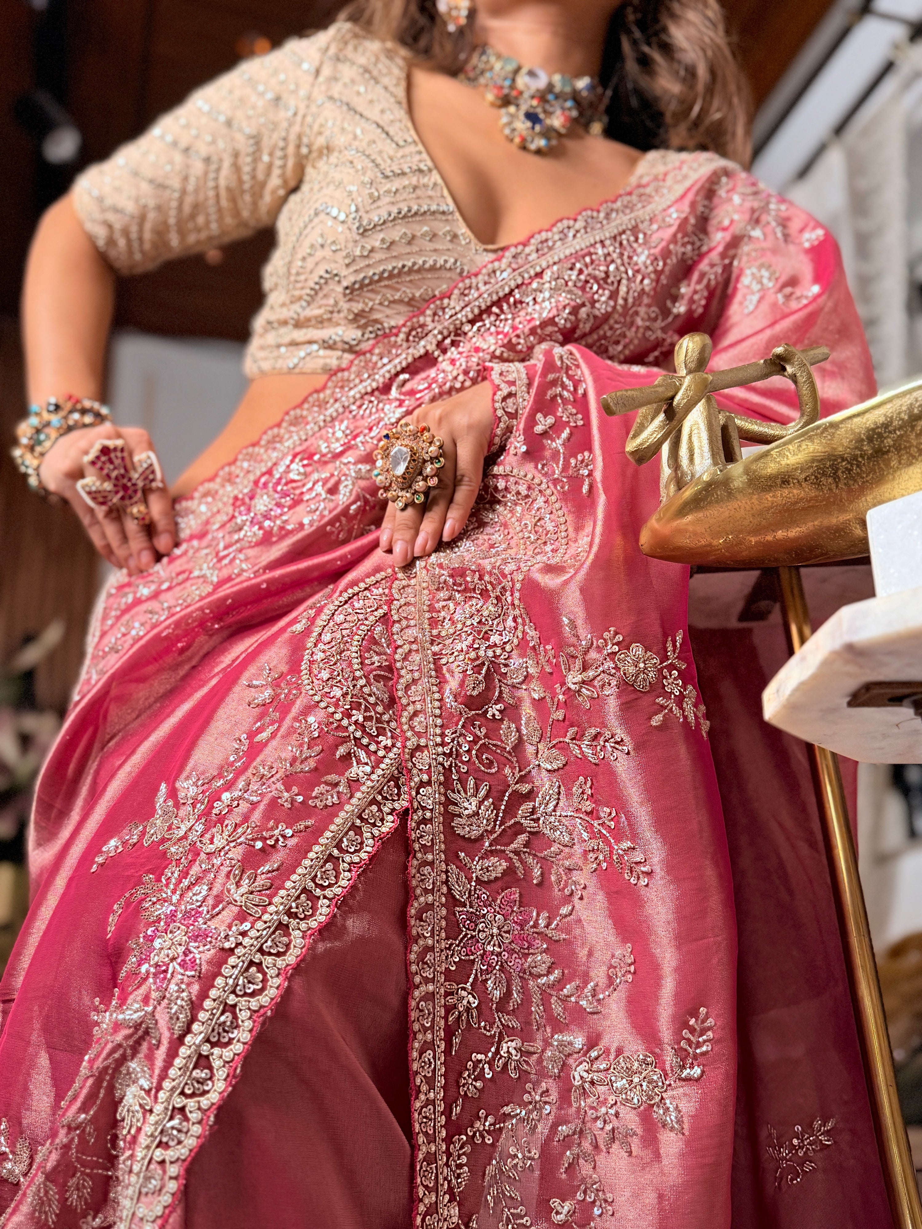 Blush Pink Kanjivaram Tissue silk Designer saree with unstitched Blouse