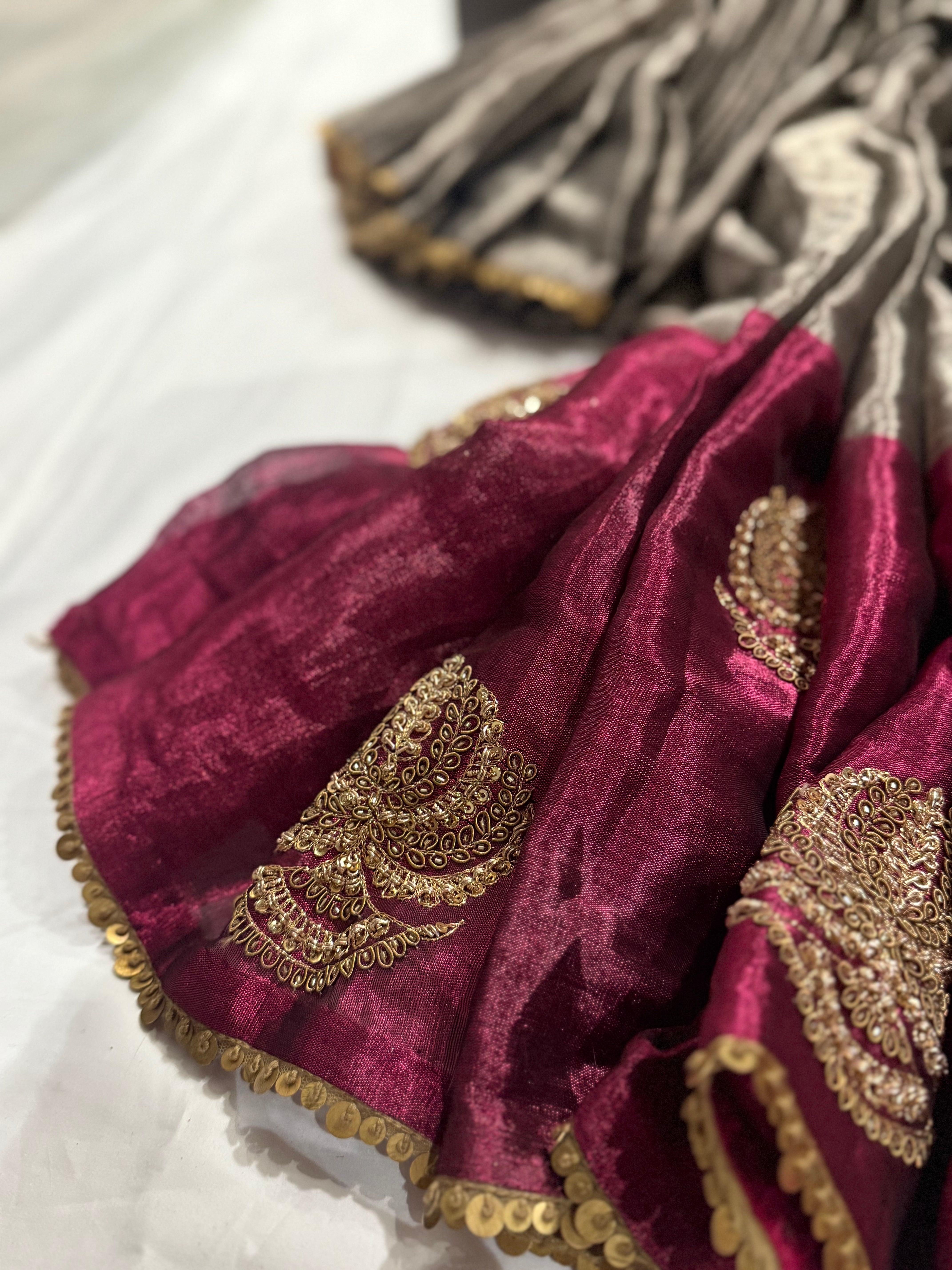 Tissue zardosi half work saree
