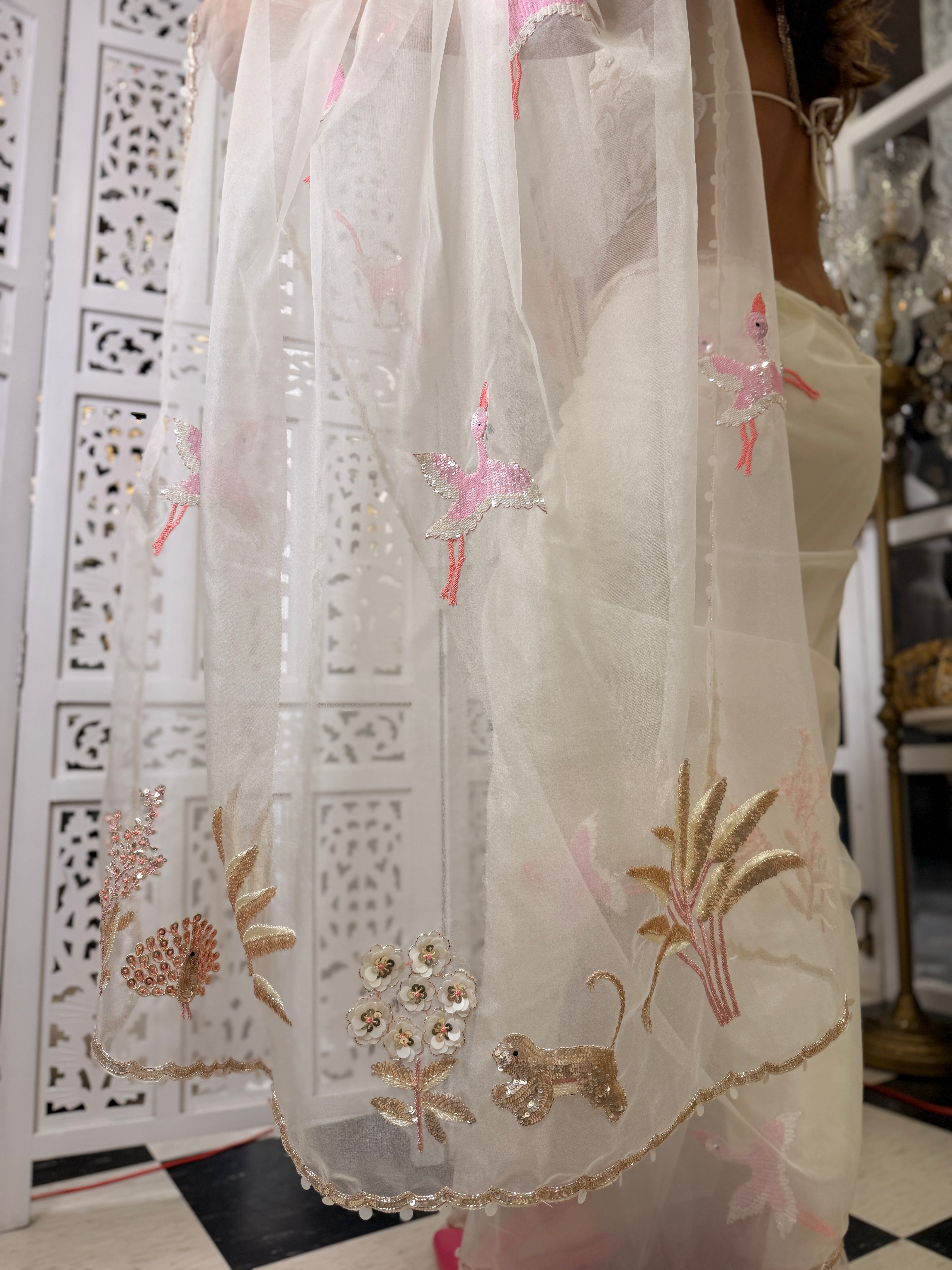 Tropical white sequin Saree