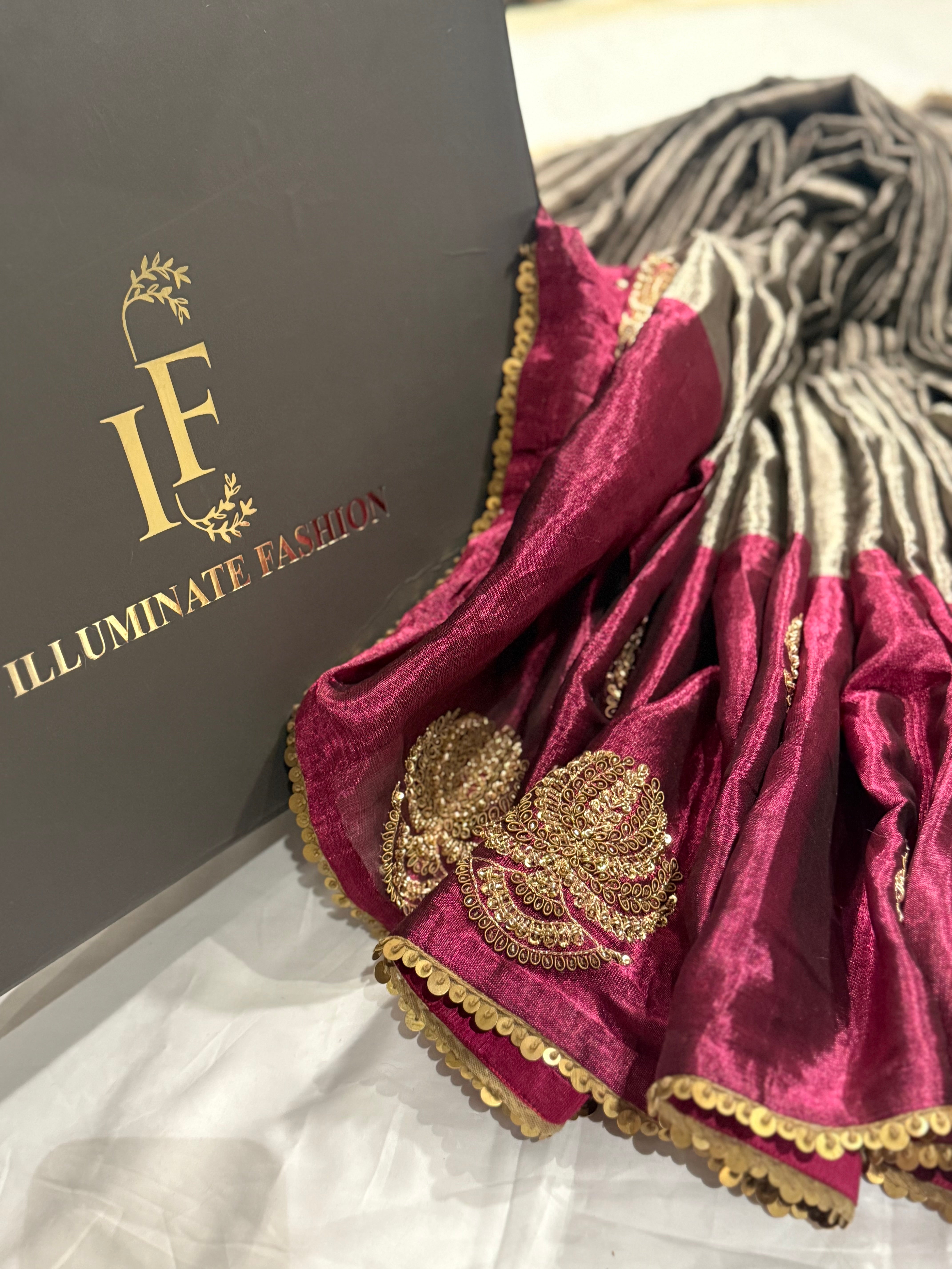 Tissue zardosi half work saree