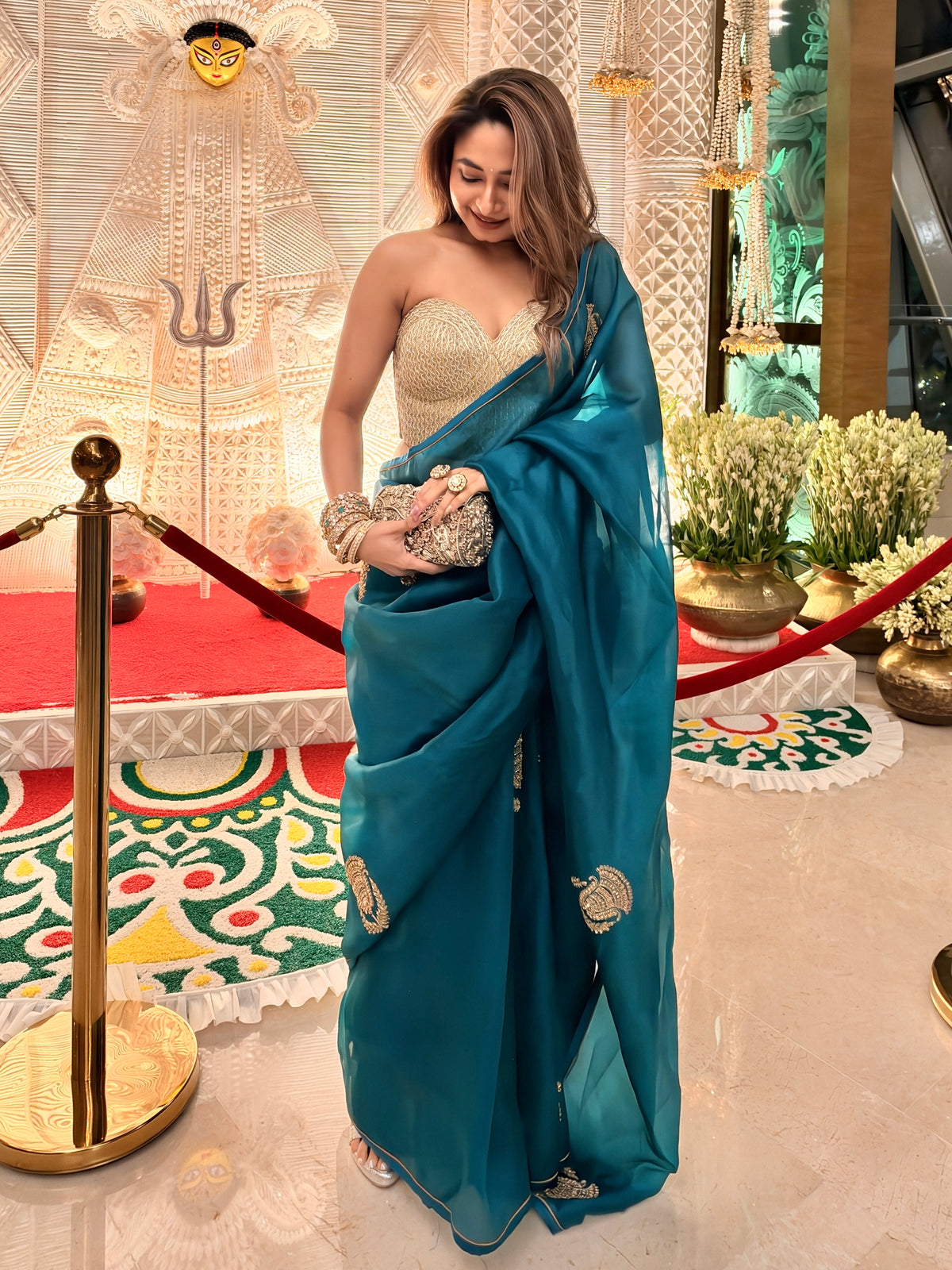 Pure organza Teal Saree