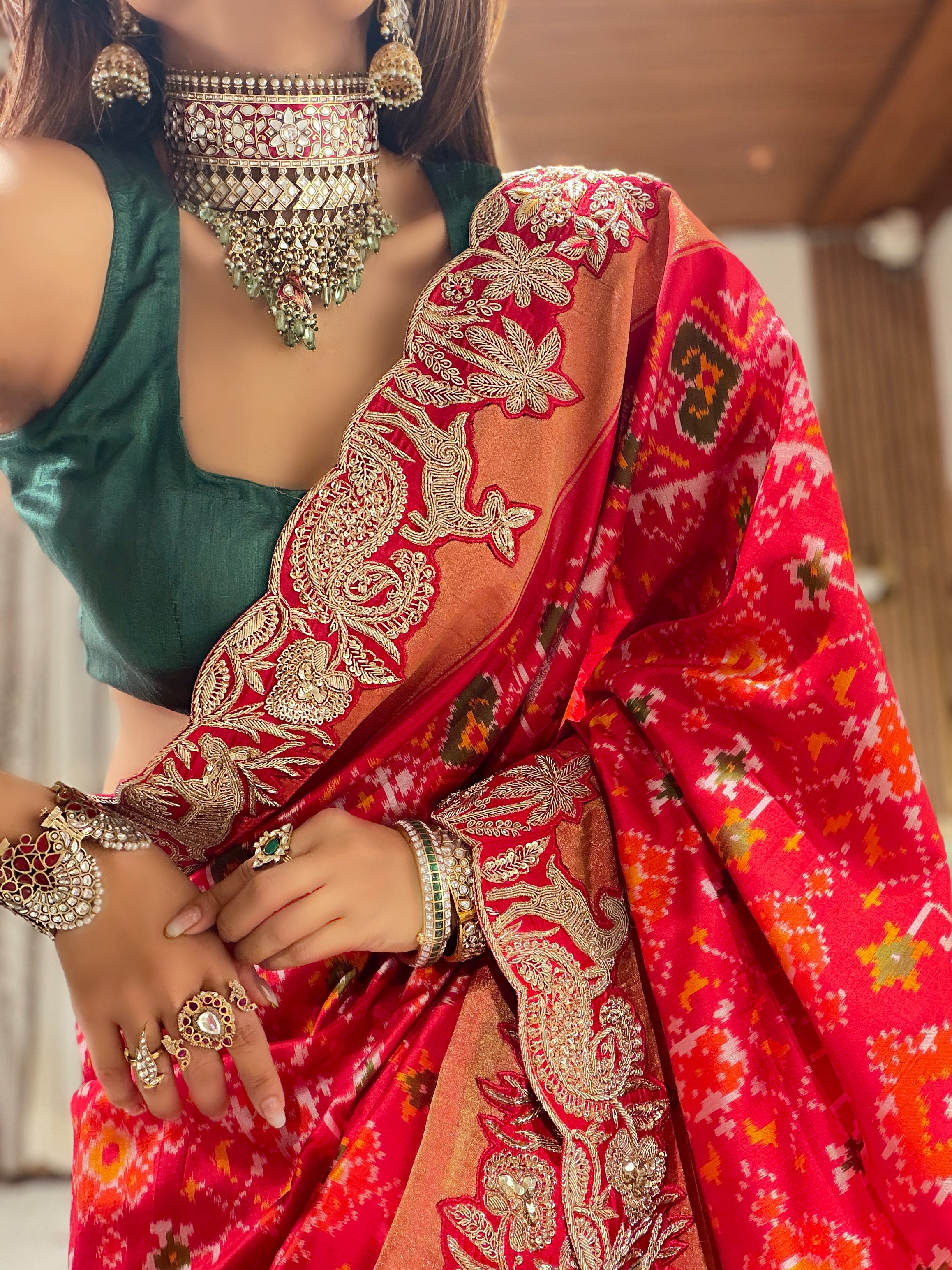 Double Ikkat pure Patola silk with zardosi heavy hand-embroidery