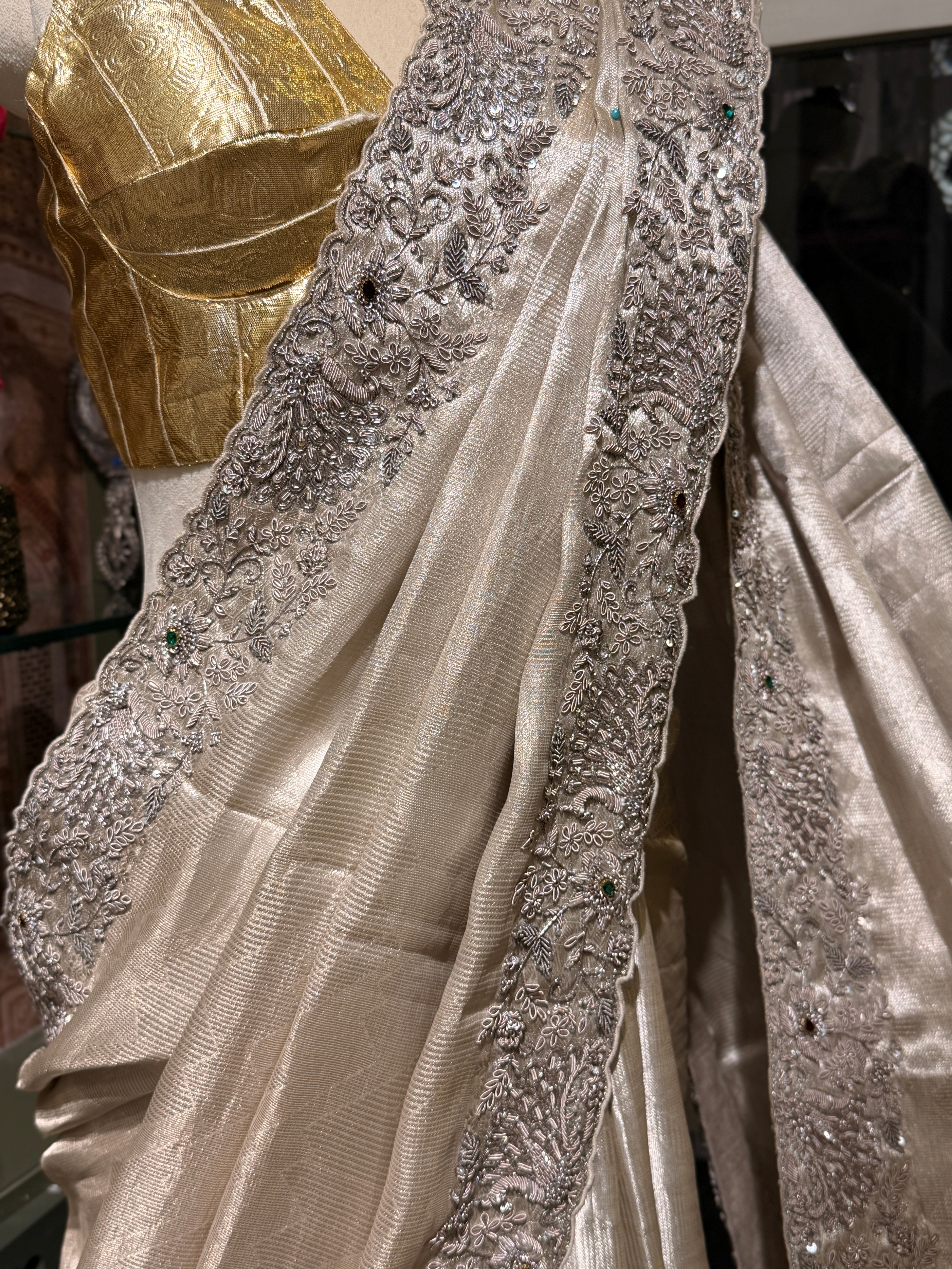 Pure Tissue Silver Jacquard Heavy hand embroidered saree