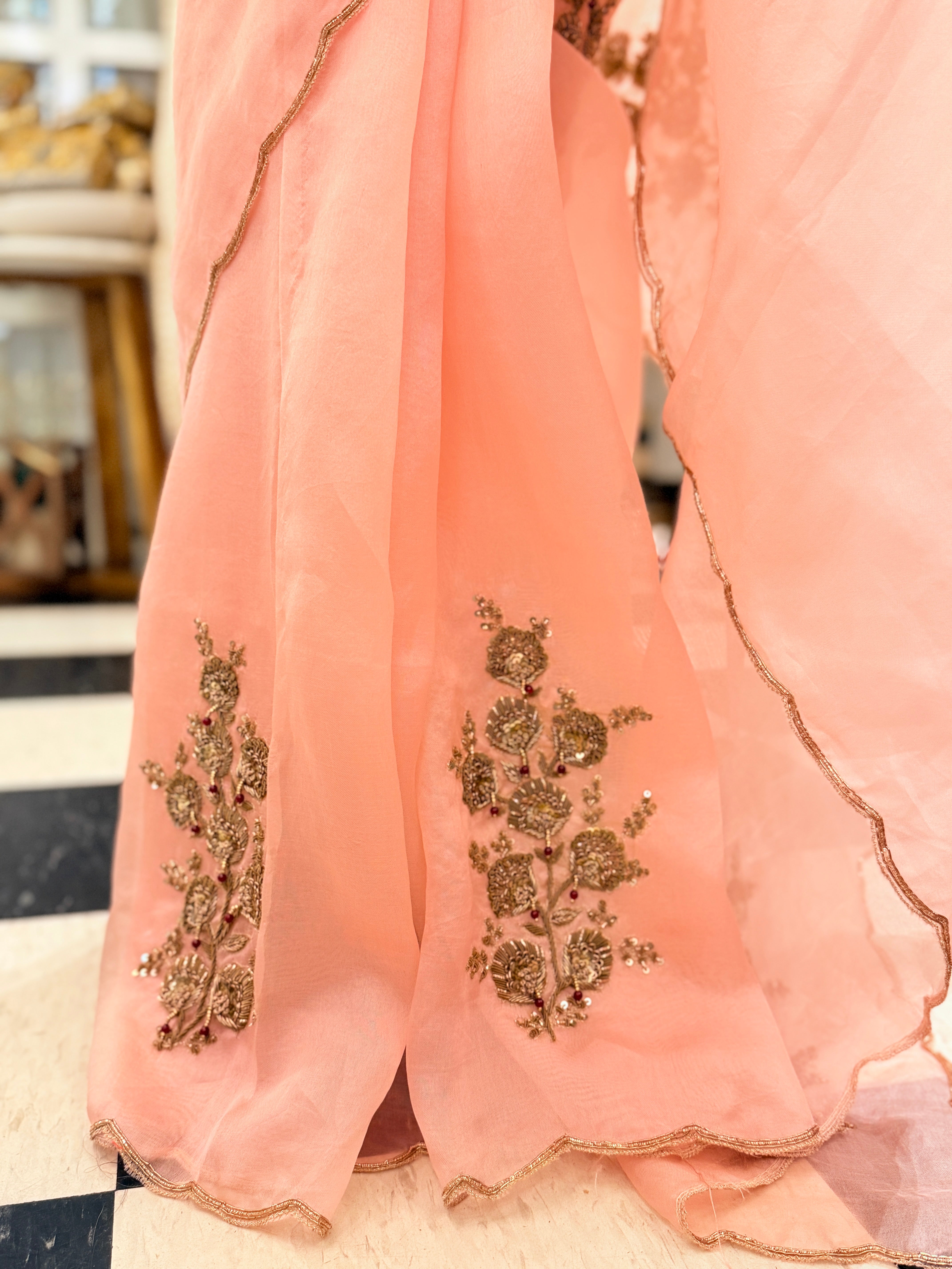 Sheer Blush pink latkan Zardosi work Banarasi kora silk Designer saree