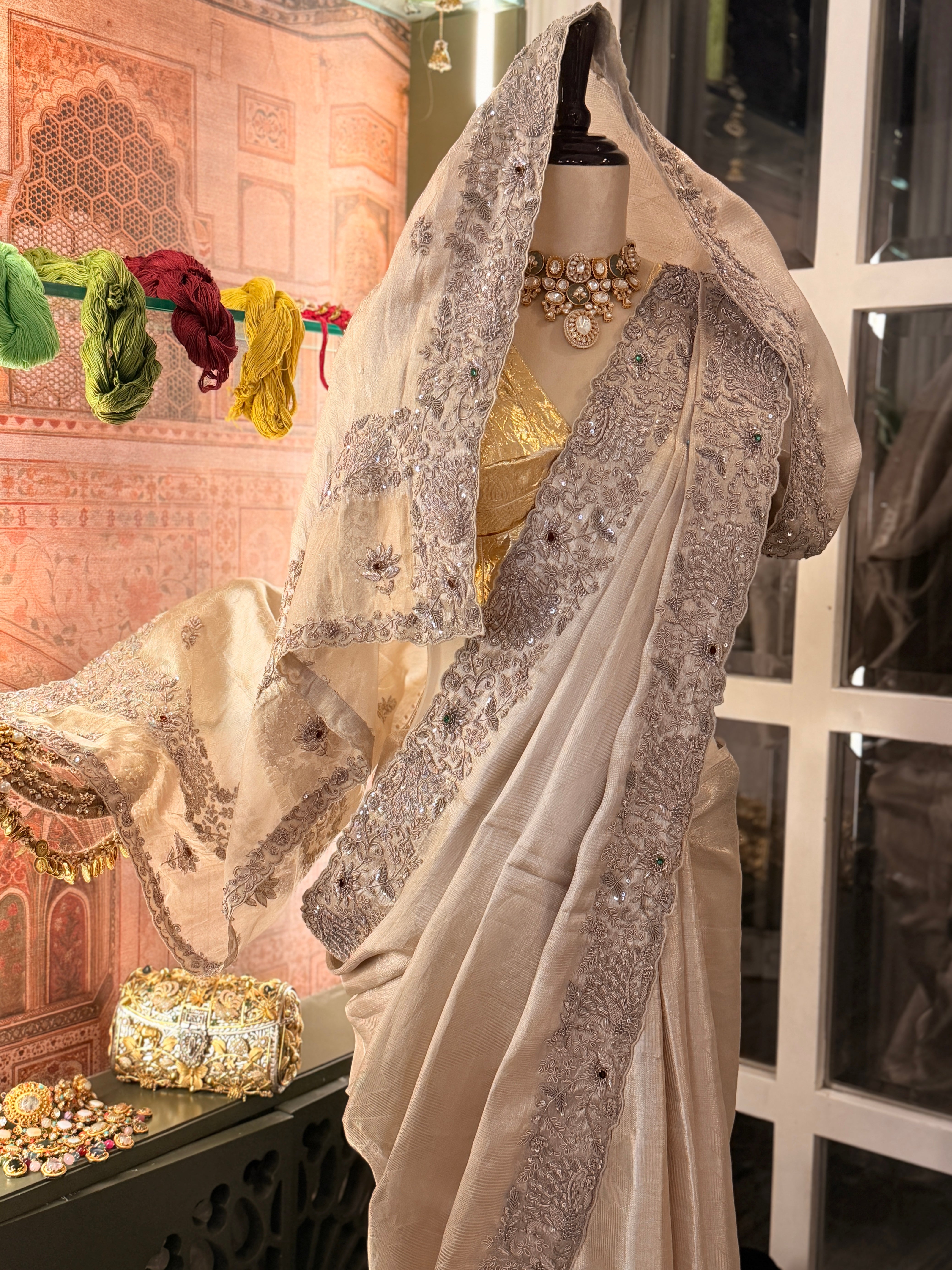 Pure Tissue Silver Jacquard Heavy hand embroidered saree