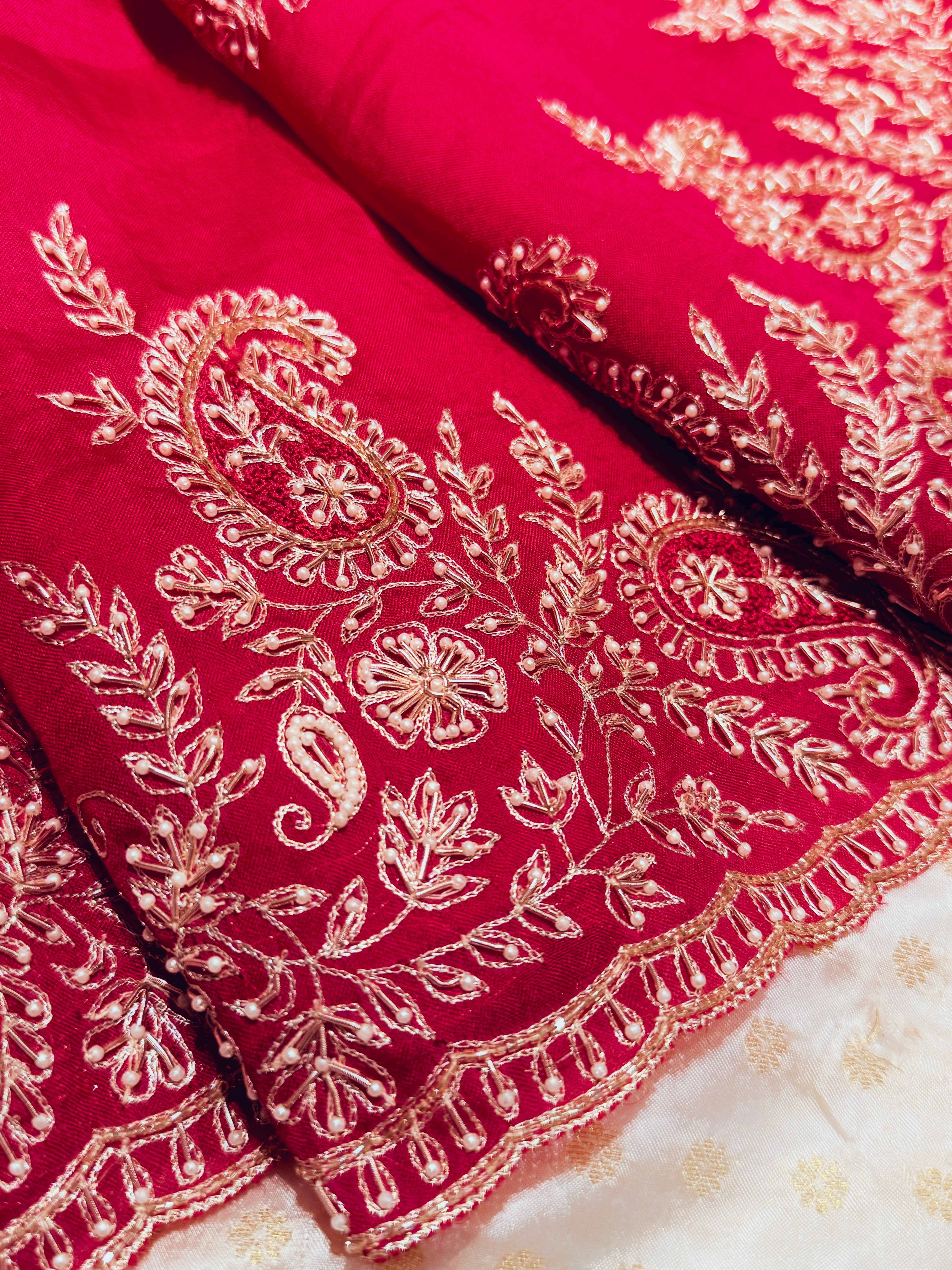 Vermillion Red kora Banasari Zardosi silk saree