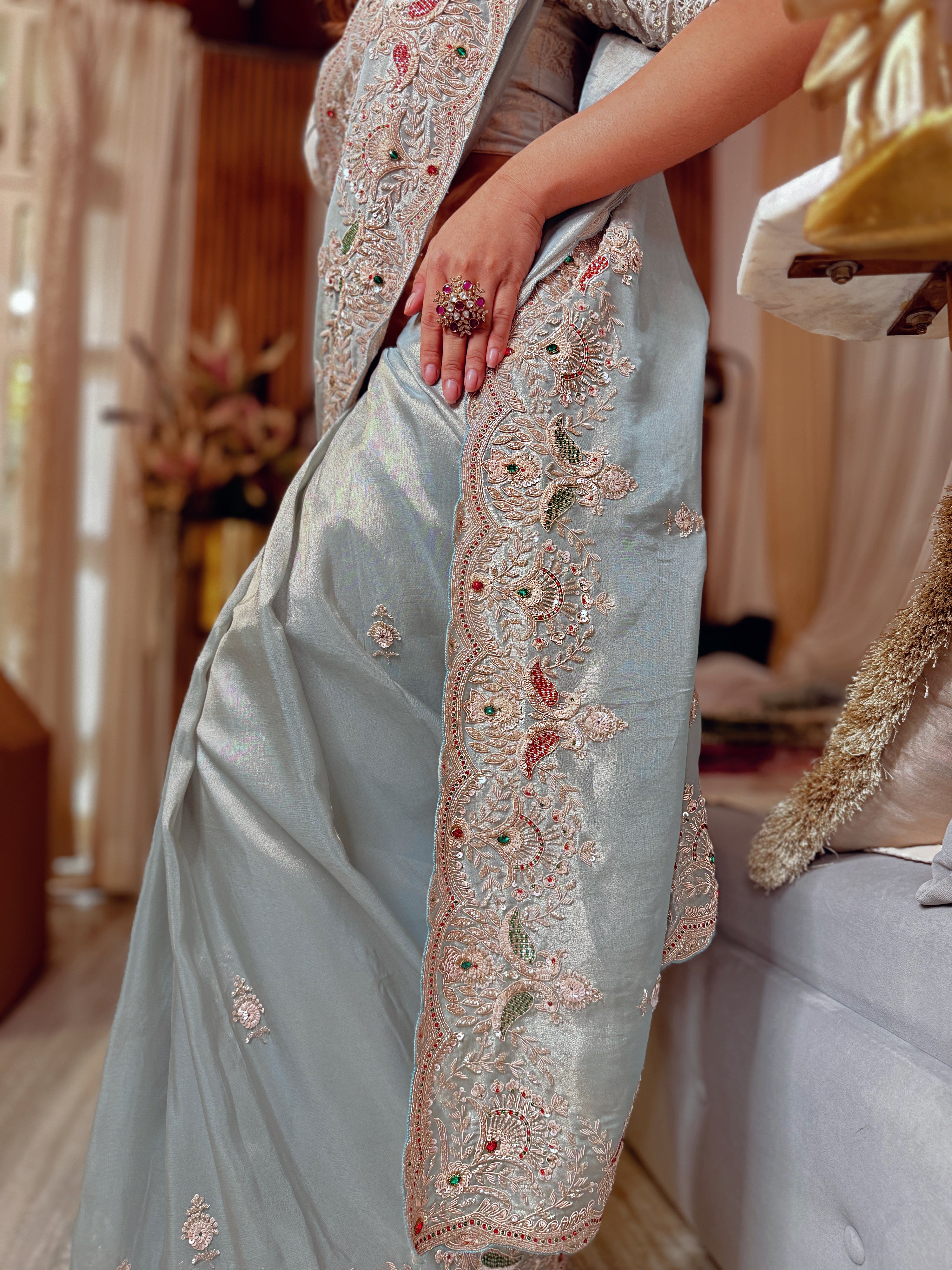 Pastel Sky-Blue zari woven Kanjivaram Tissue Heavy Zardosi Designer Saree with Blouse piece