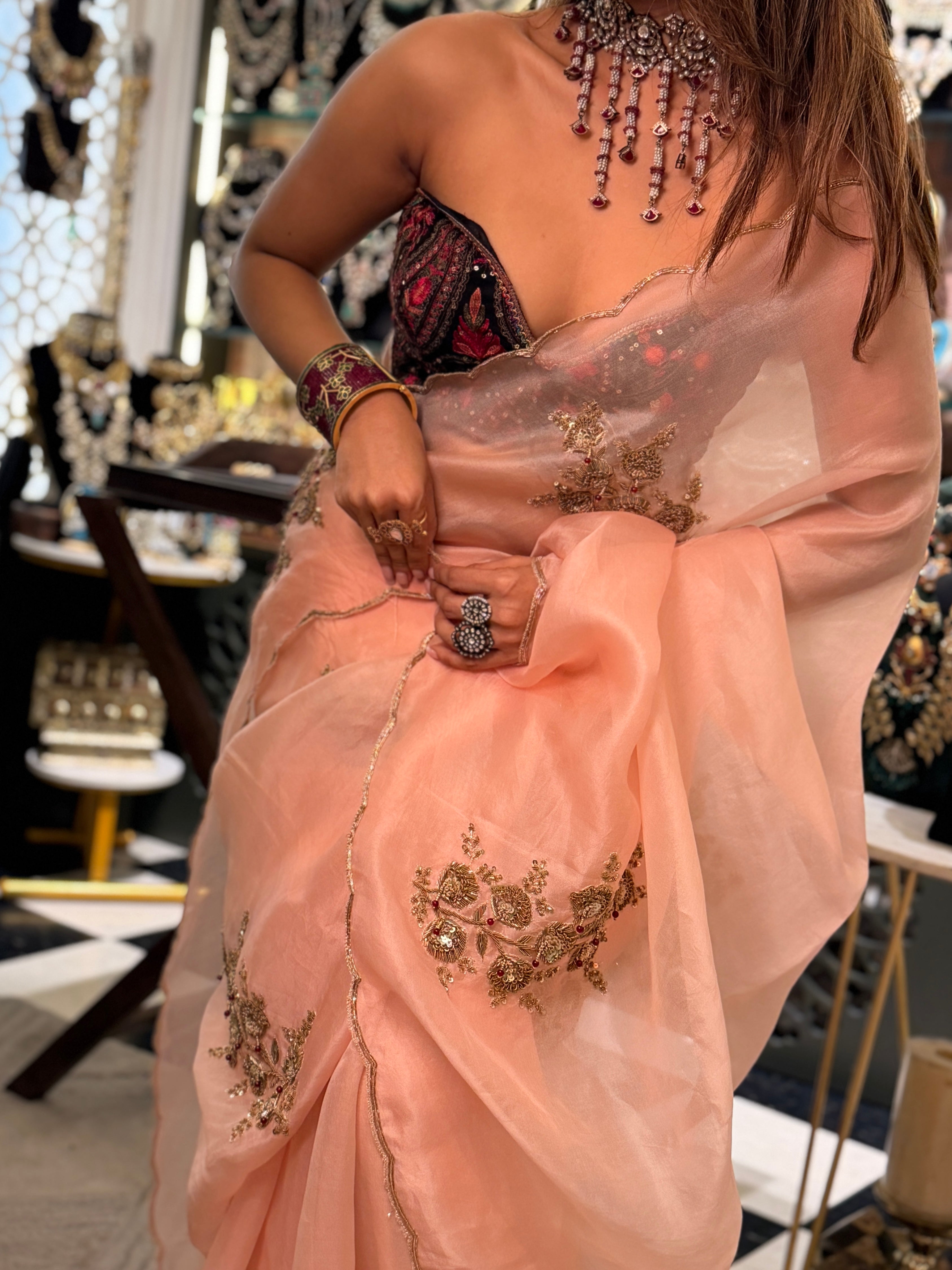 Sheer Blush pink latkan Zardosi work pure Organza