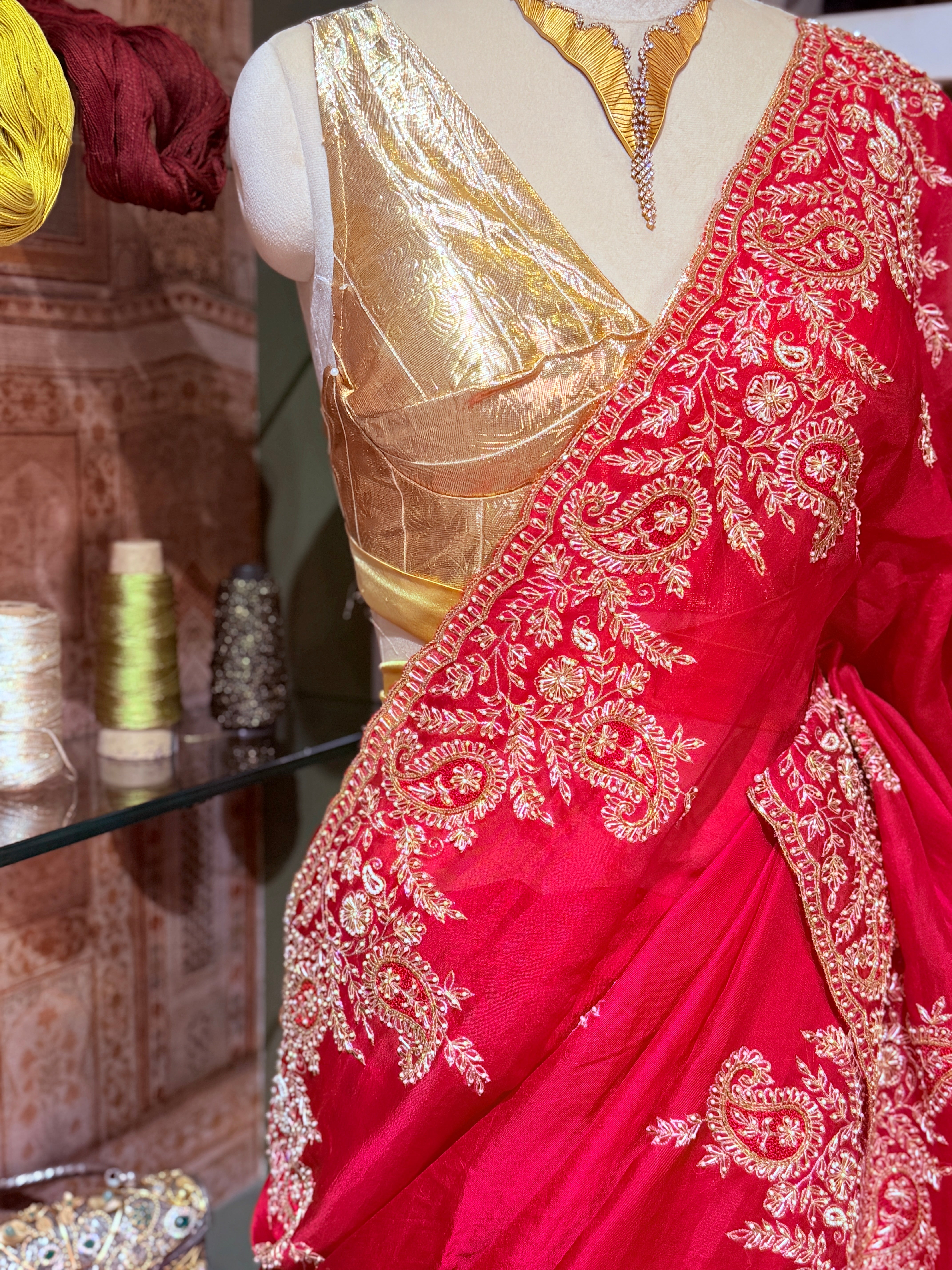 Mango Butta Red Pure Organza saree