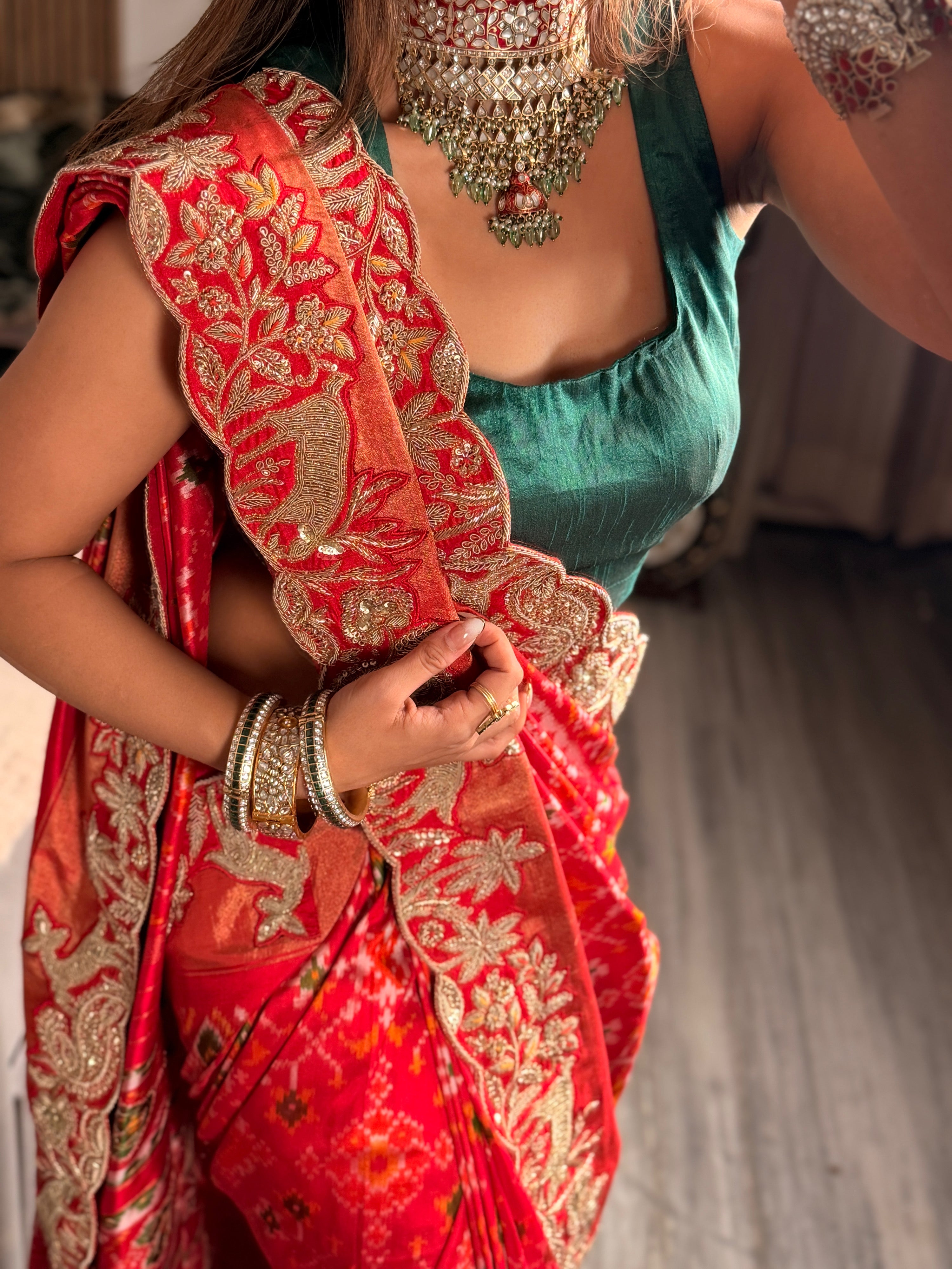 Double Ikkat pure Patola silk with zardosi heavy hand-embroidery