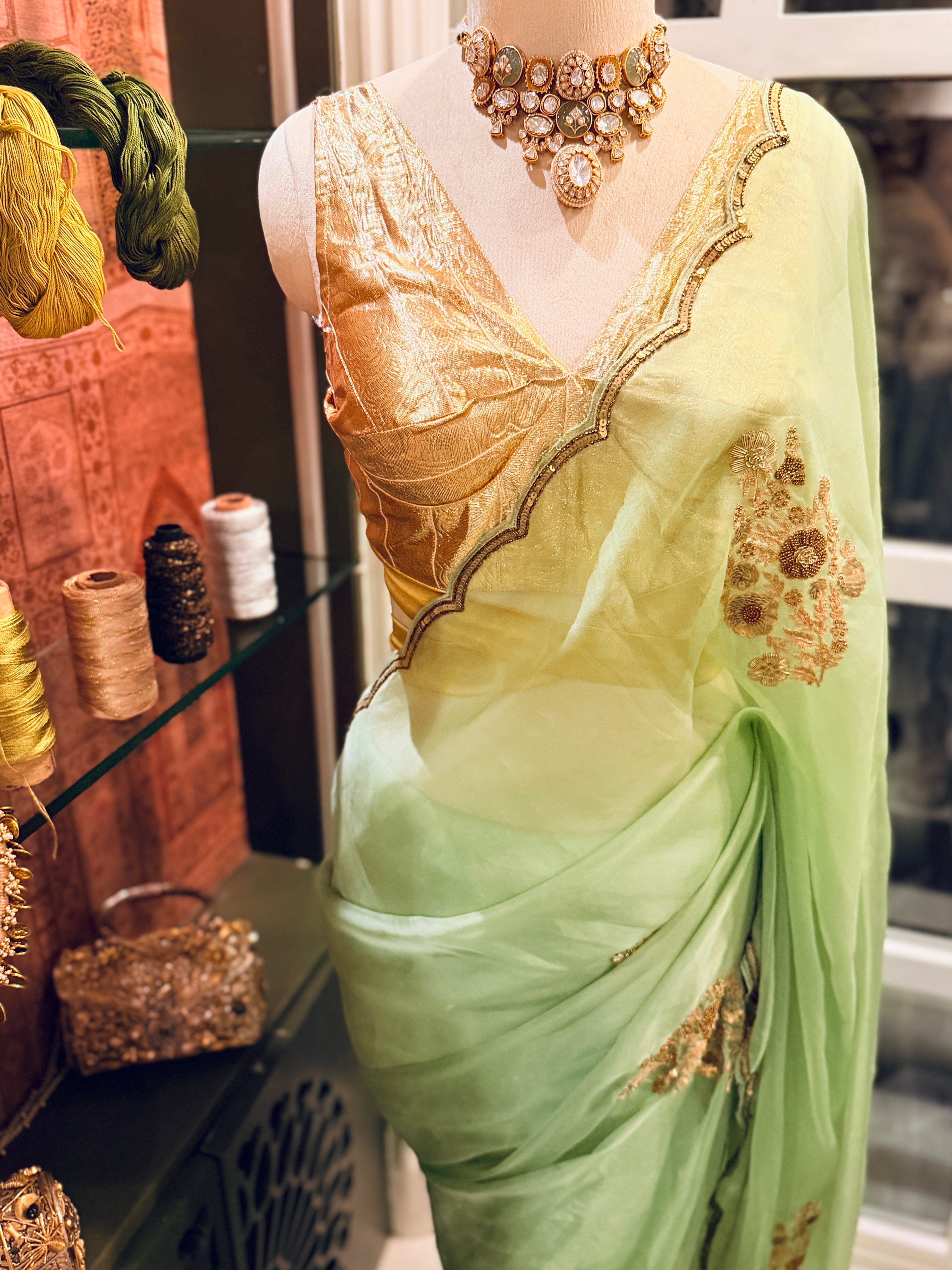 Sheer Pista Bageecha Saree