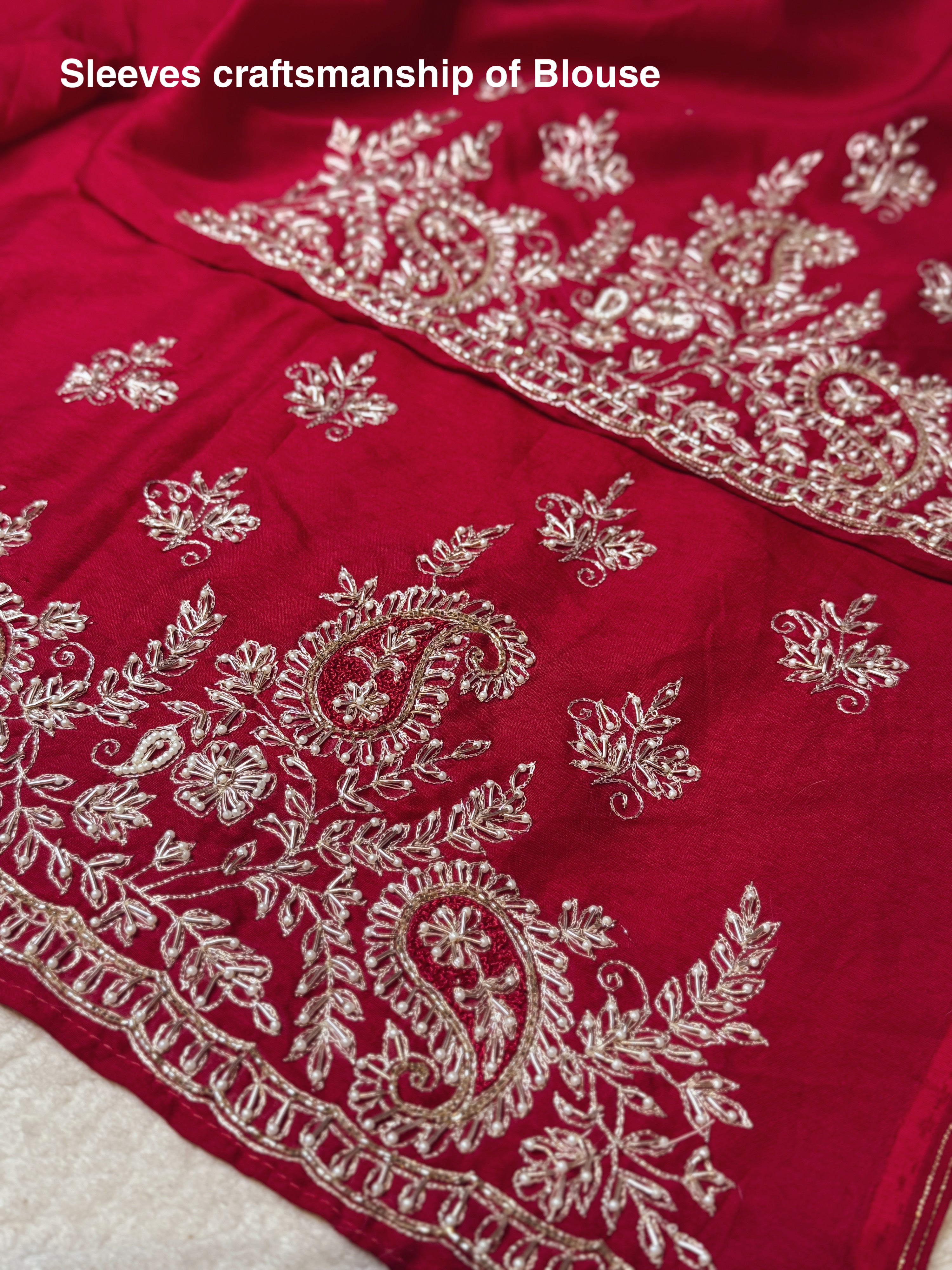 Vermillion Red kora Banasari Zardosi silk saree