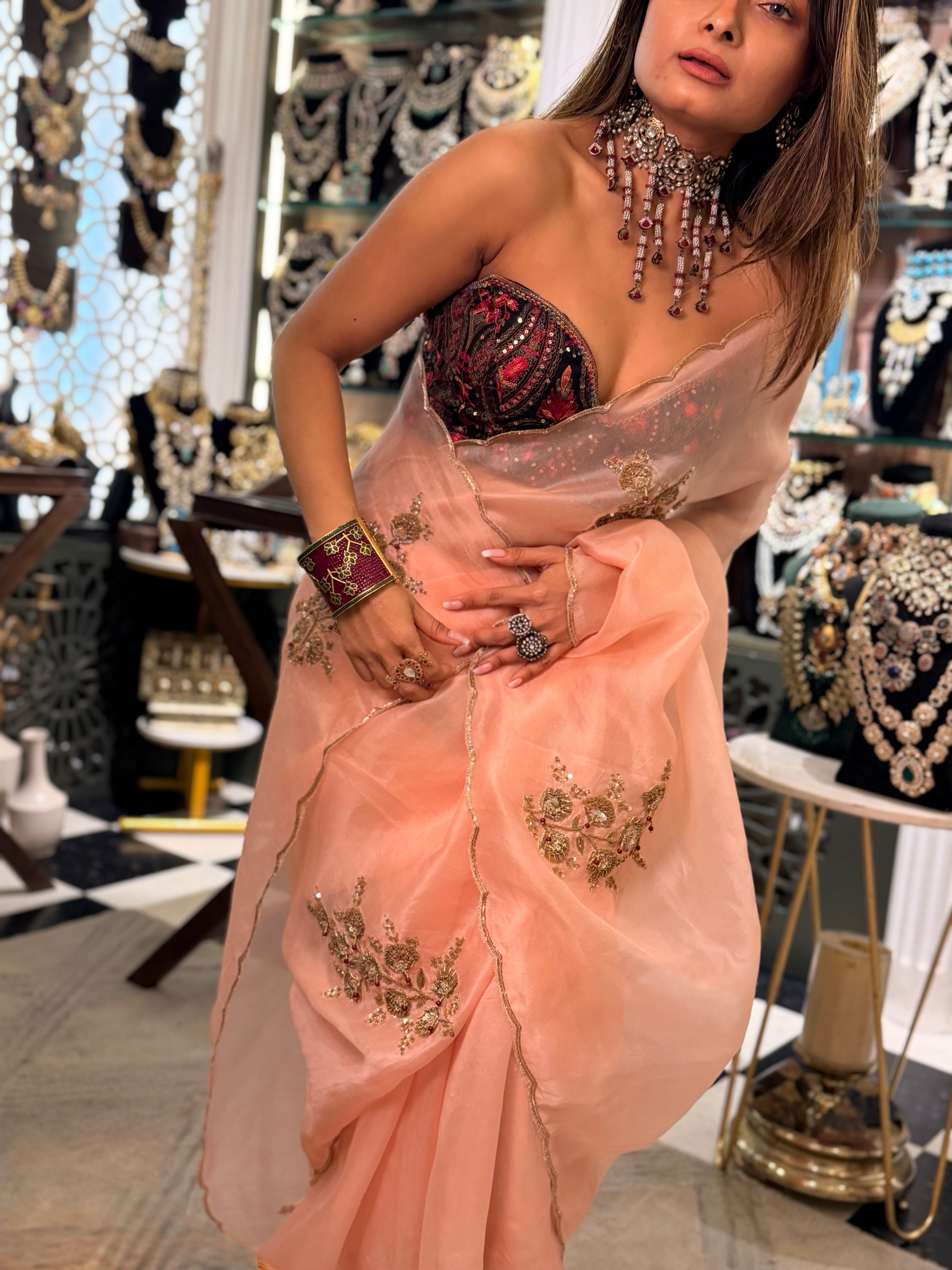 Sheer Blush pink latkan Zardosi work pure Organza