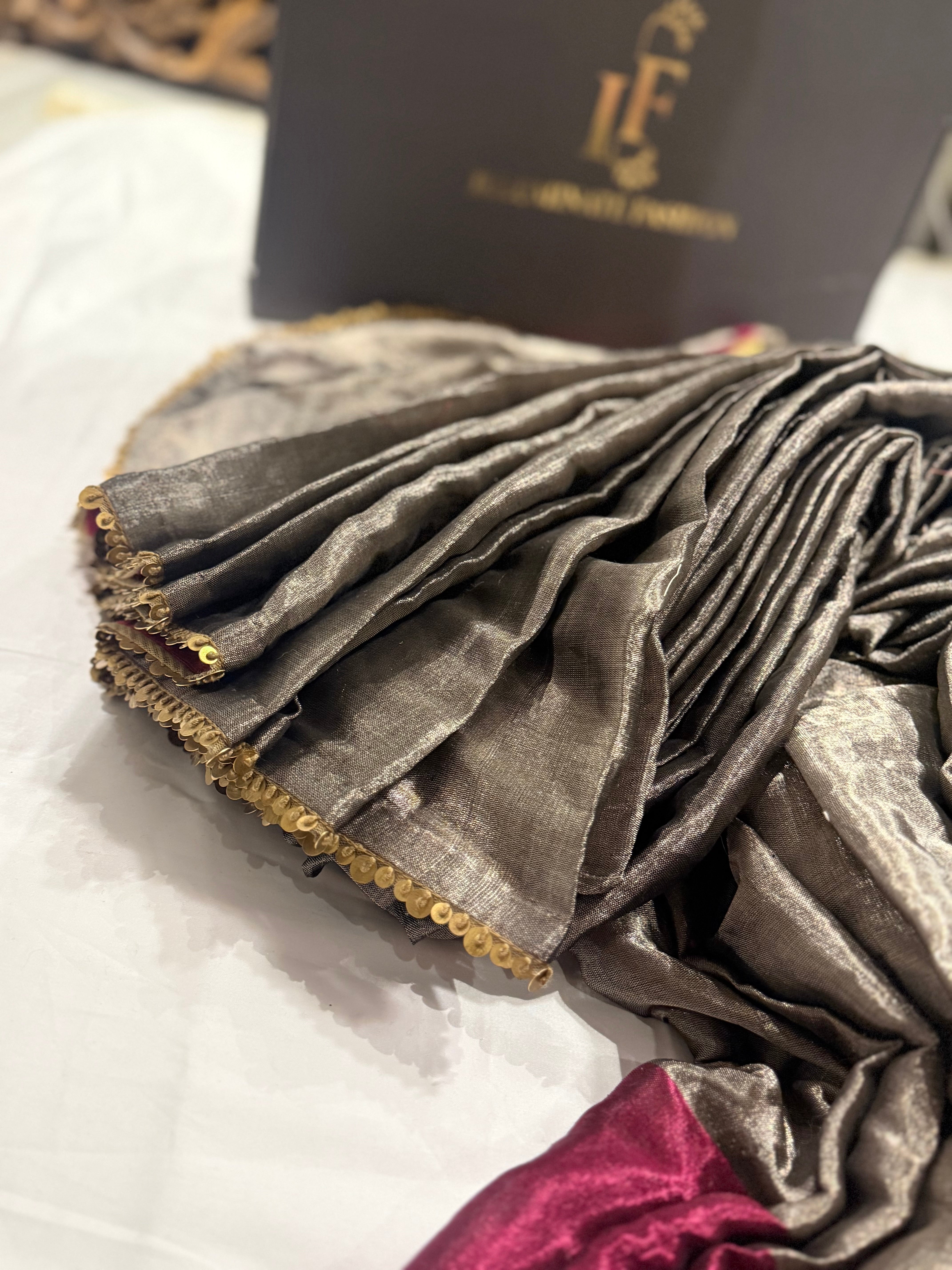Tissue zardosi half work saree
