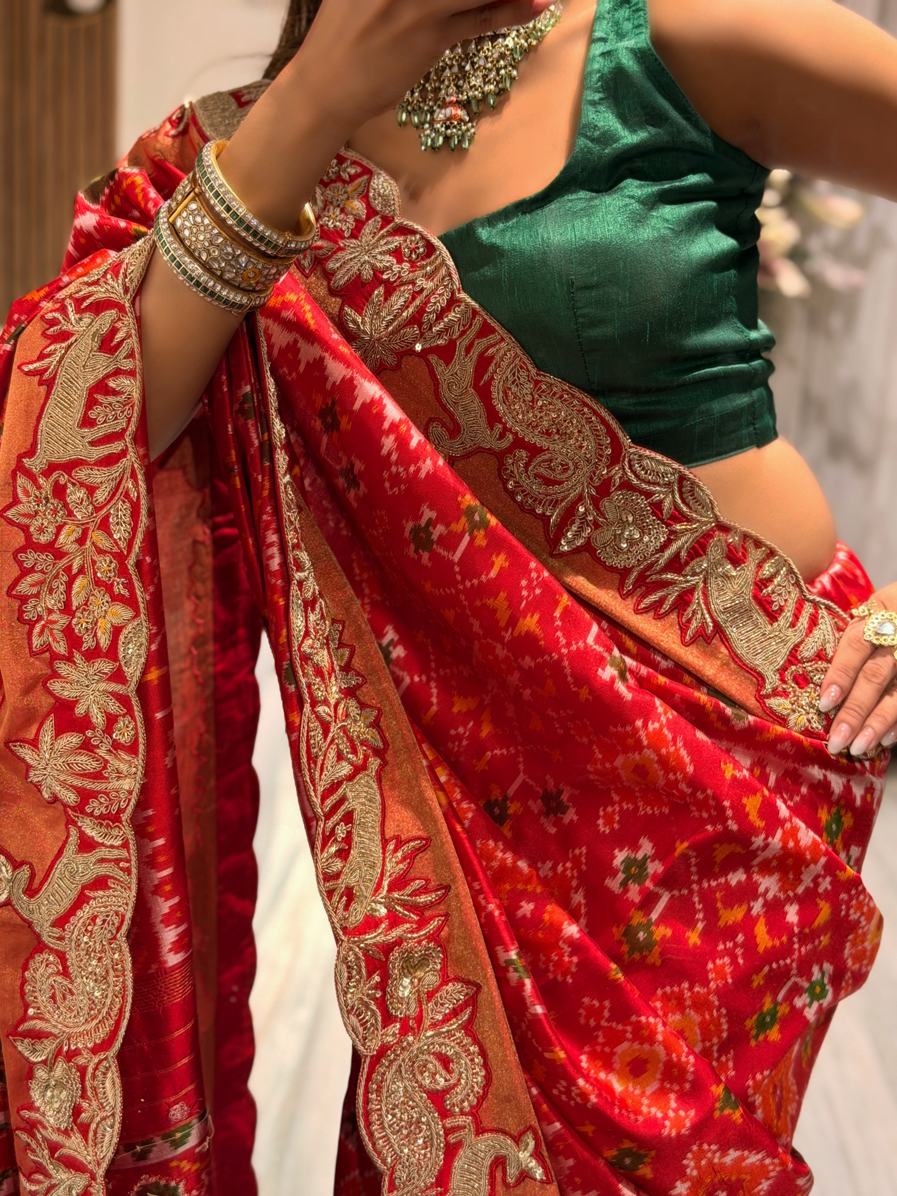 Double Ikkat pure Patola silk with zardosi heavy hand-embroidery