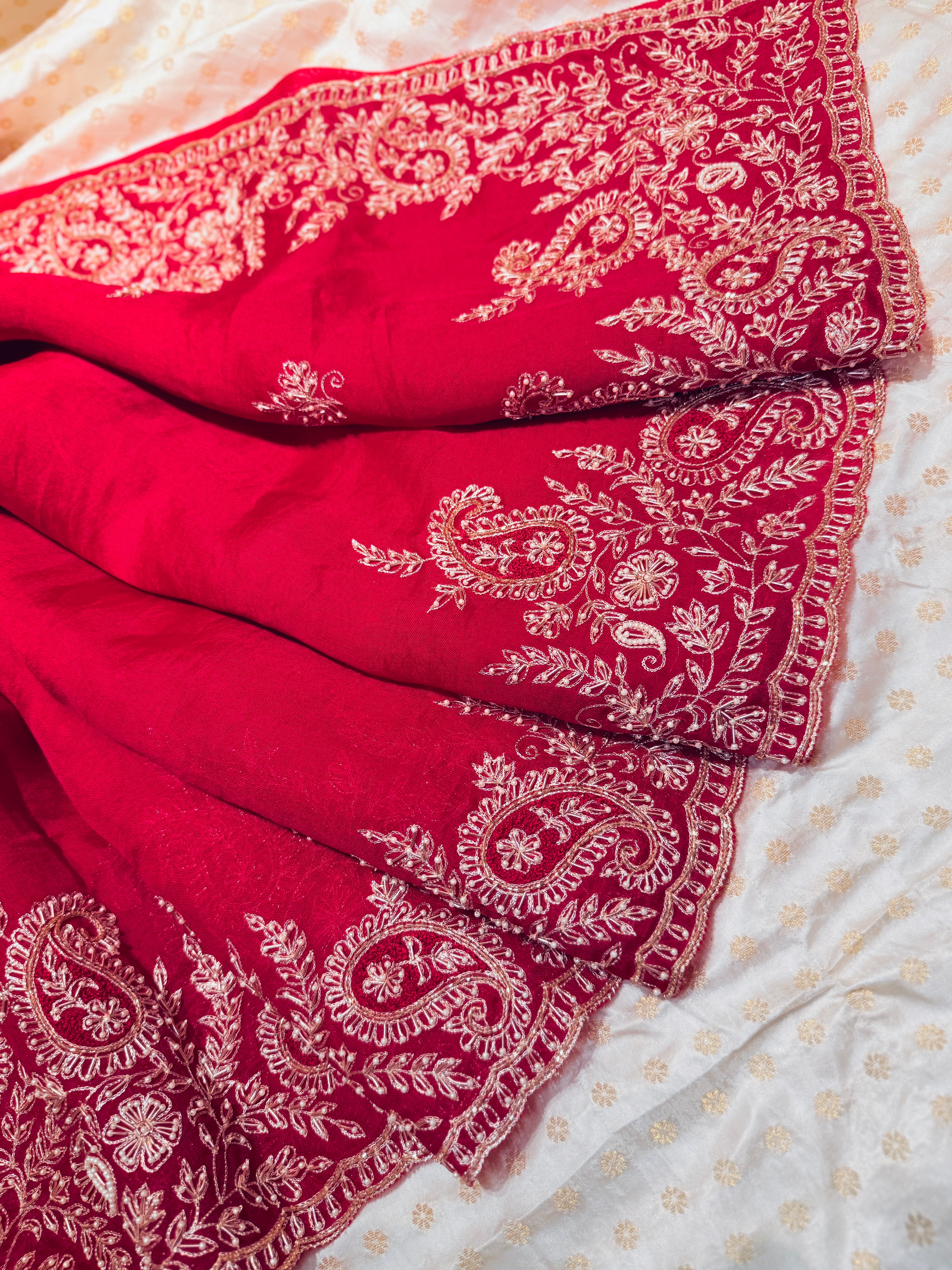 Vermillion Red kora Banasari Zardosi silk saree