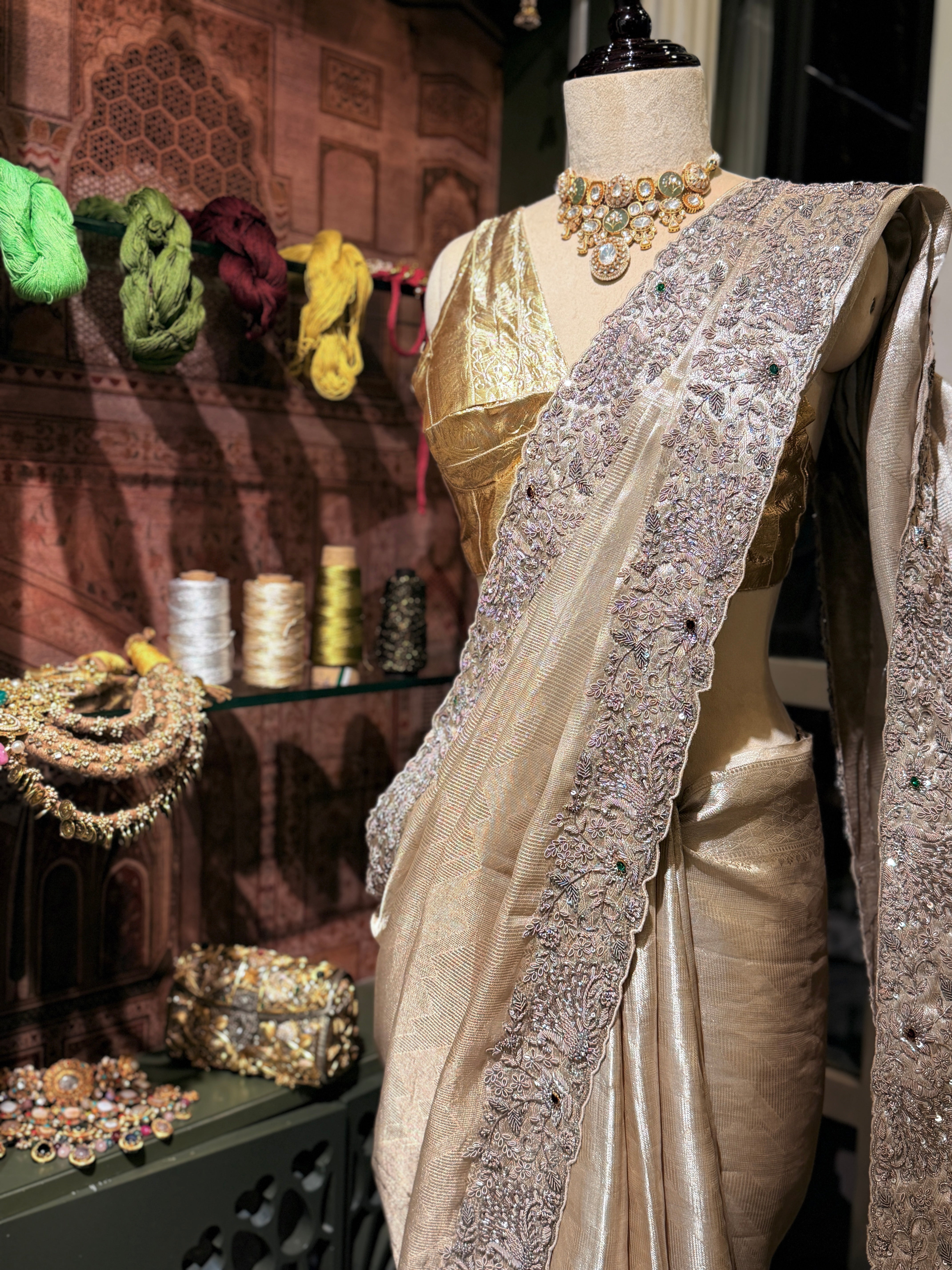 Pure Tissue Silver Jacquard Heavy hand embroidered saree