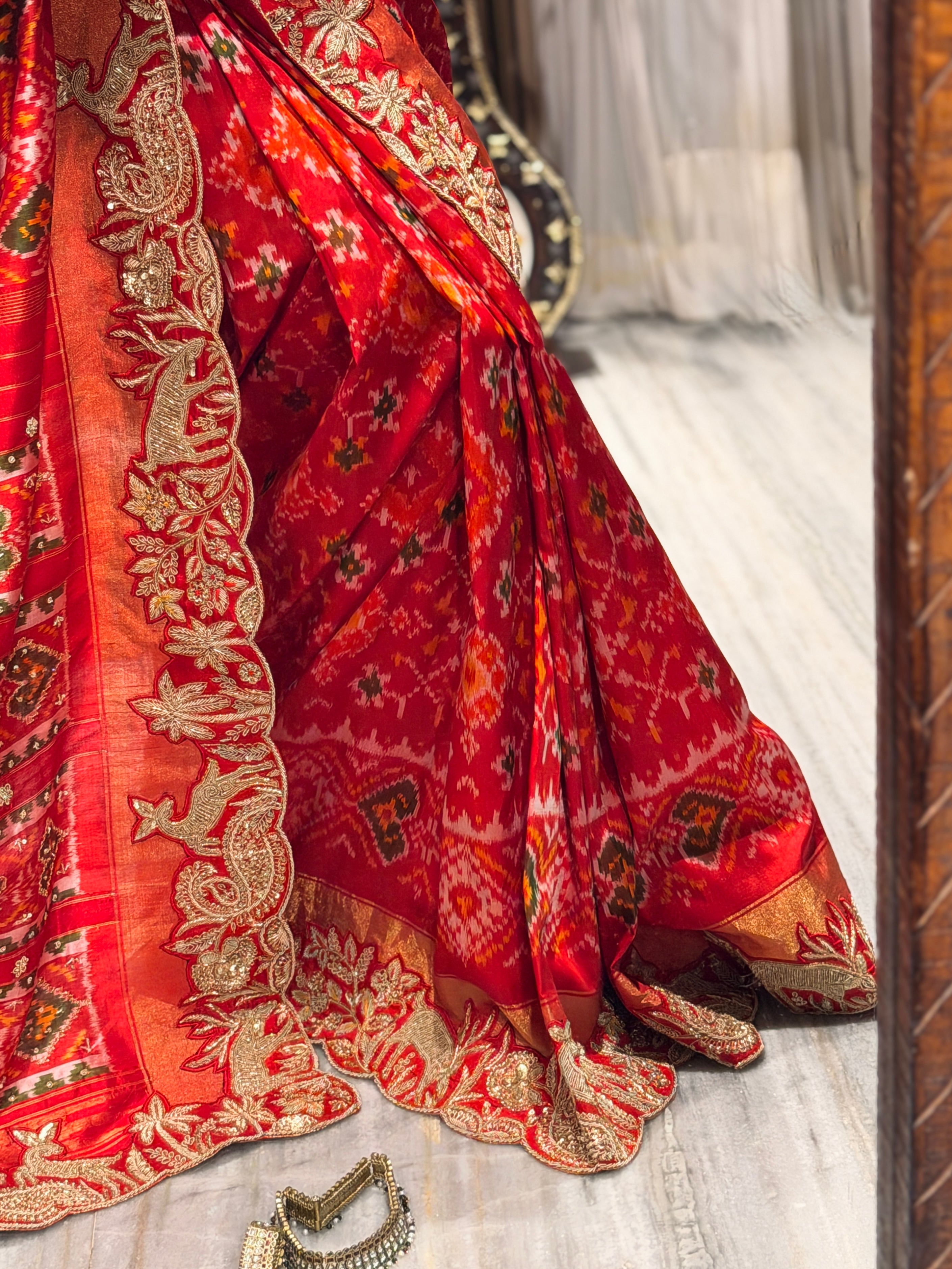 Double Ikkat pure Patola silk with zardosi heavy hand-embroidery