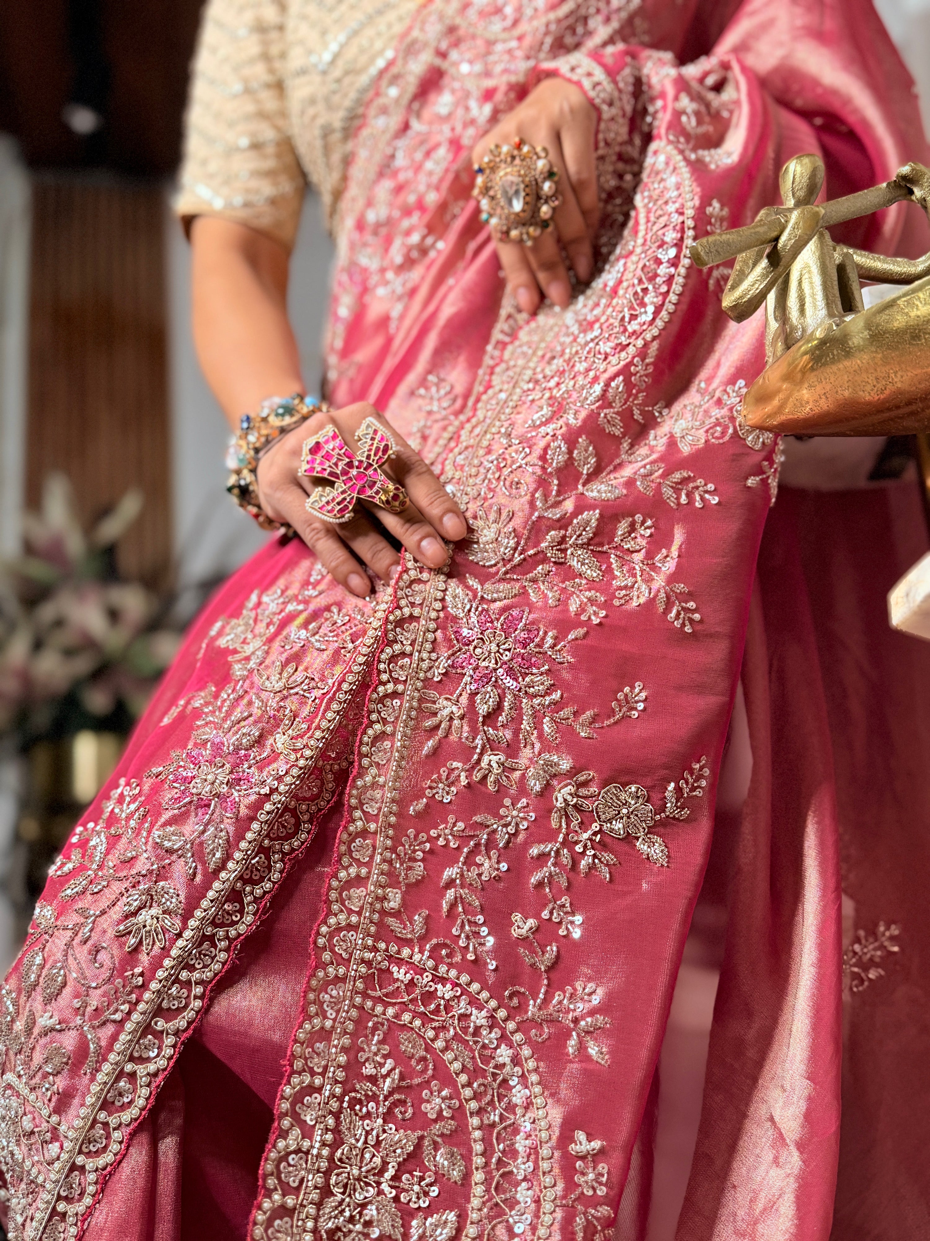Blush Pink Kanjivaram Tissue silk Designer saree with unstitched Blouse