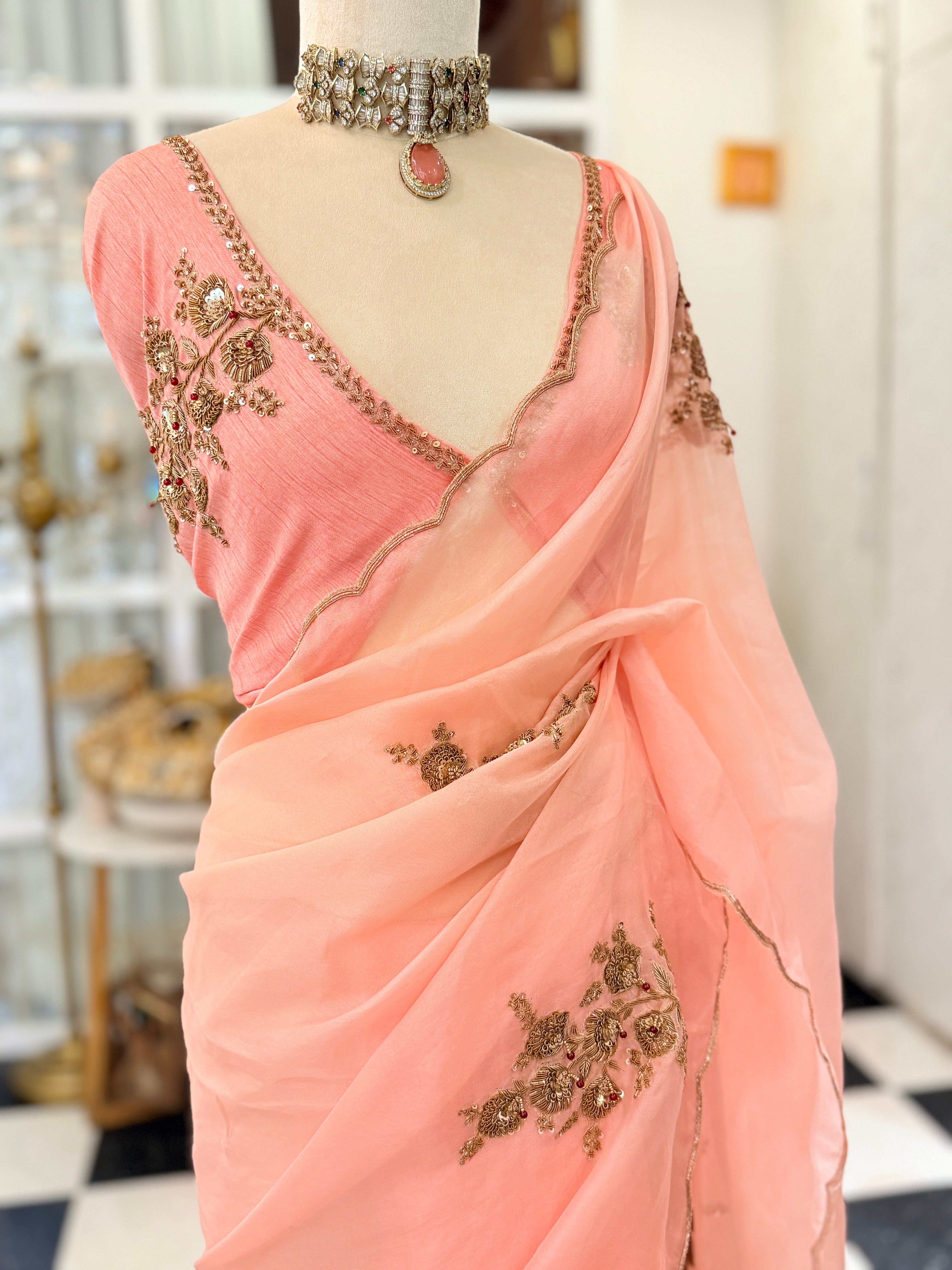 Sheer Blush pink latkan Zardosi work Banarasi kora silk Designer saree