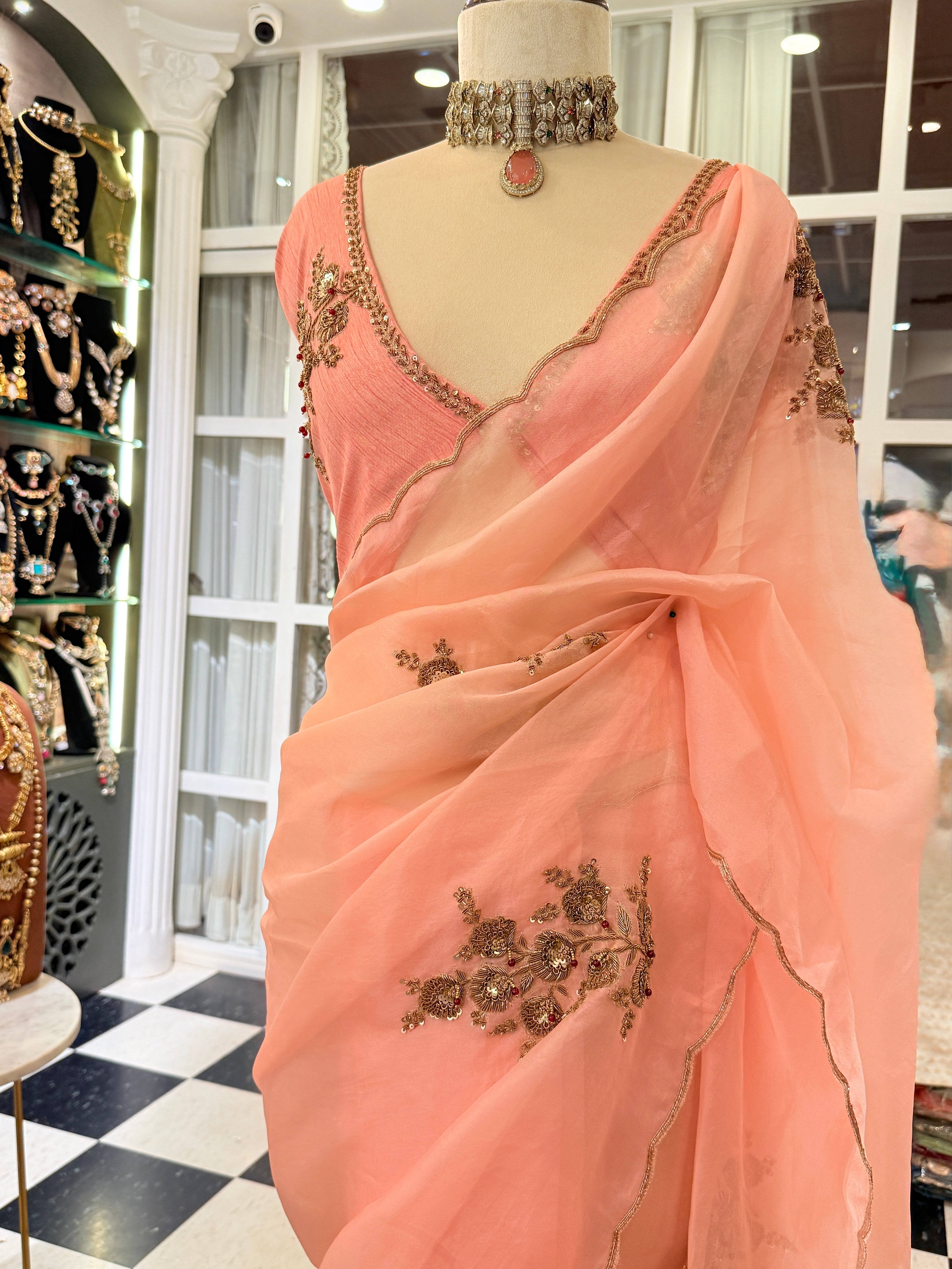 Sheer Blush pink latkan Zardosi work Banarasi kora silk Designer saree