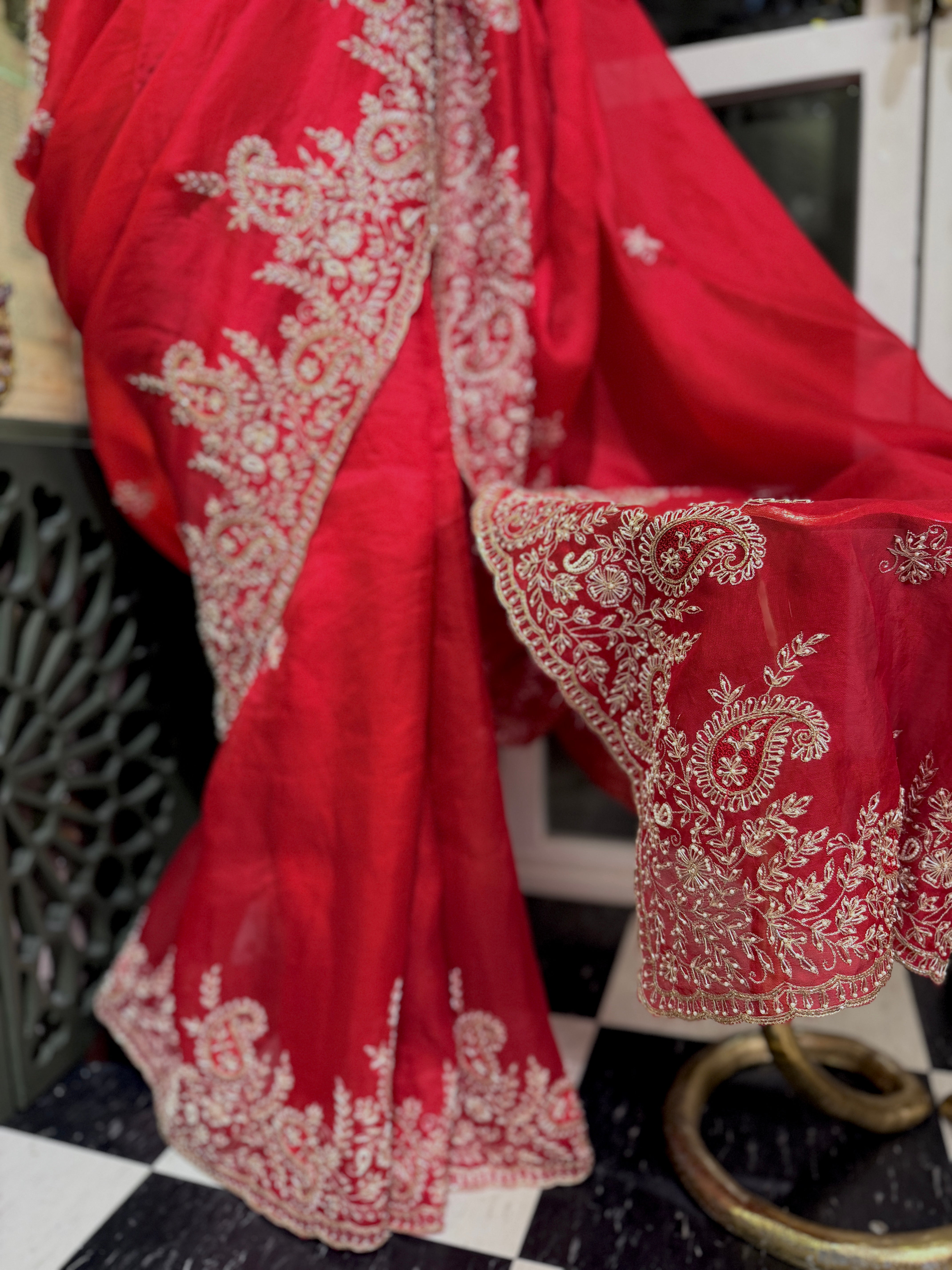 Mango Butta Red Pure Organza saree