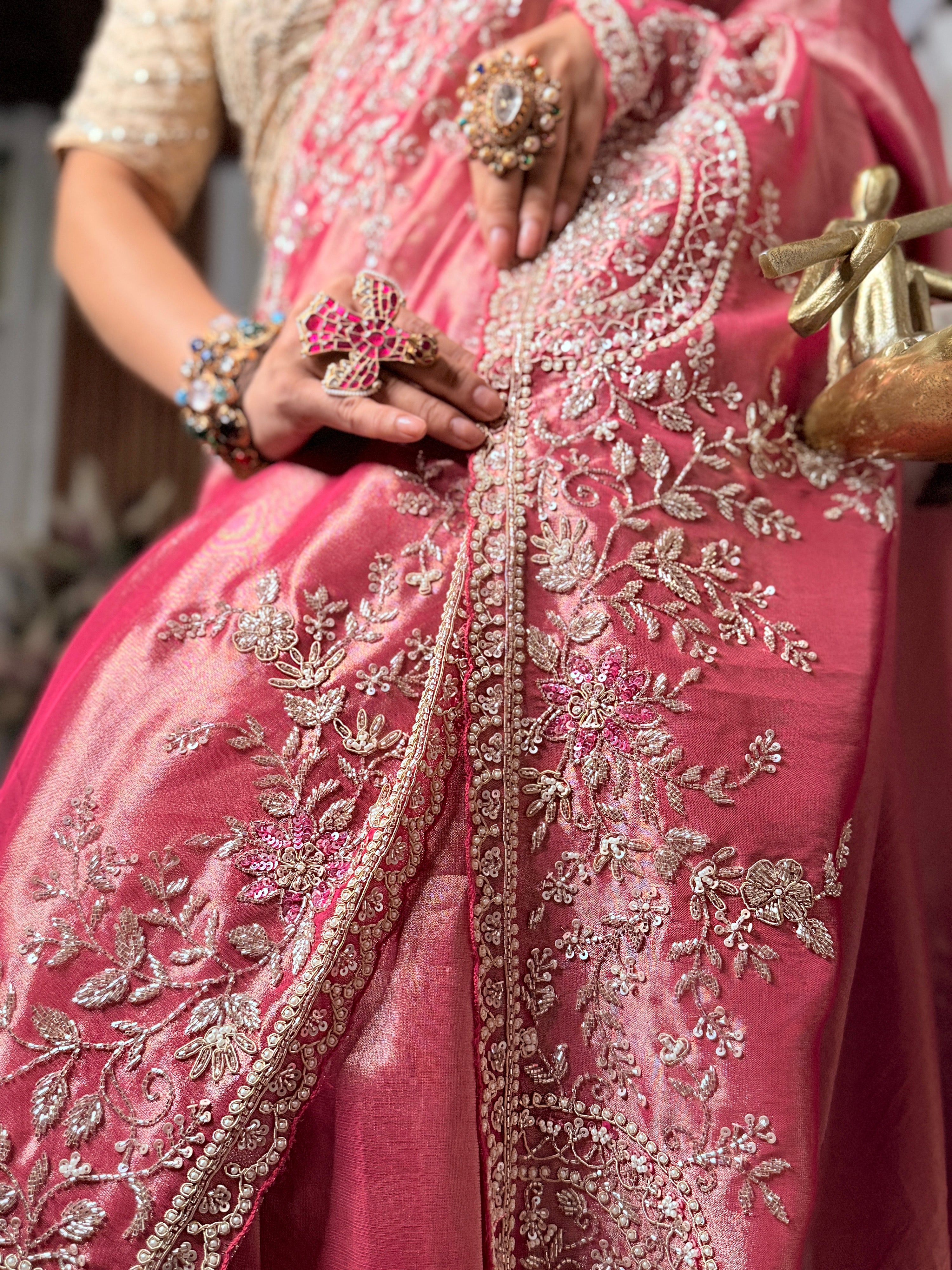 Blush Pink Kanjivaram Tissue silk Designer saree with unstitched Blouse