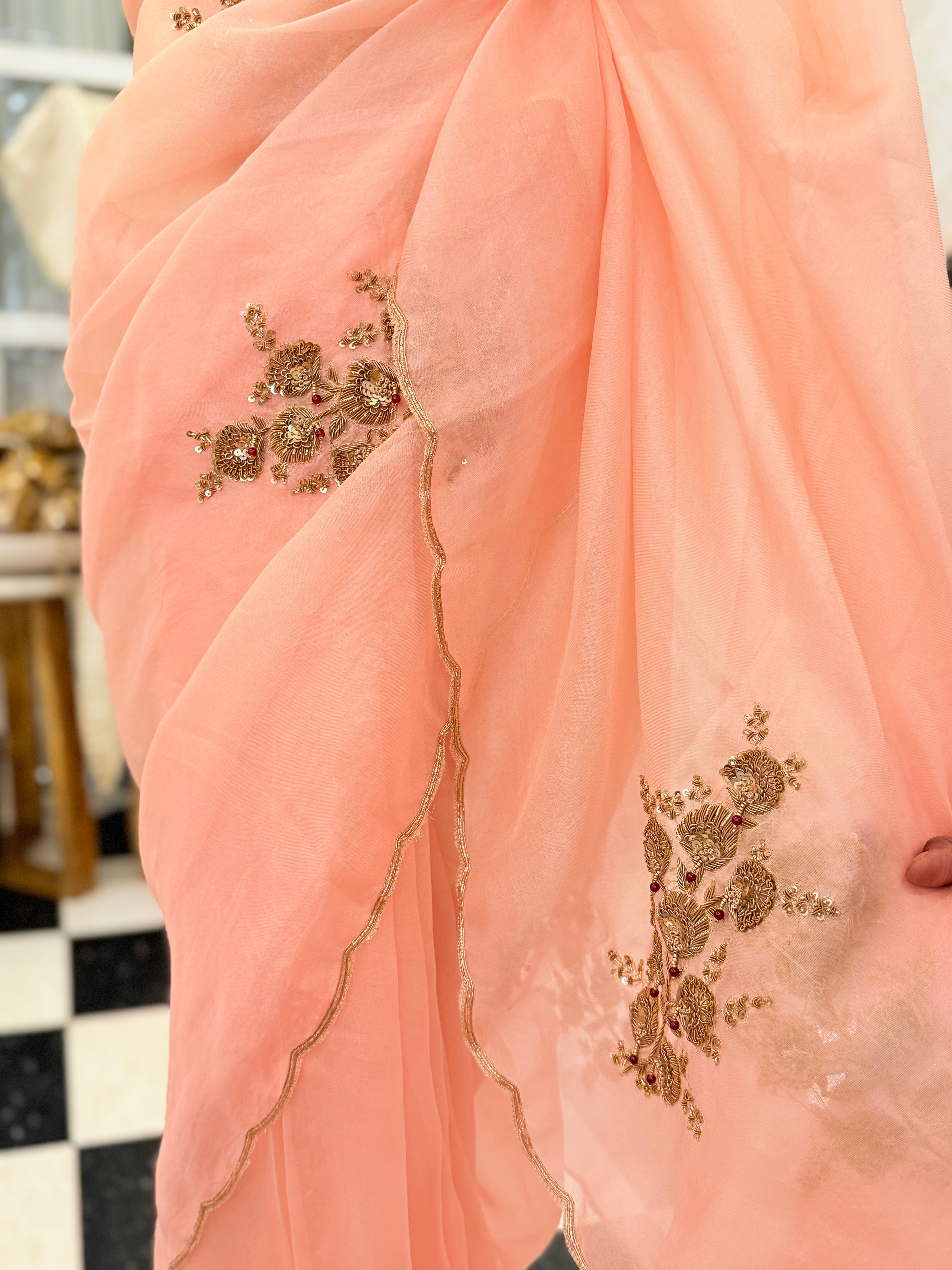 Sheer Blush pink latkan Zardosi work Banarasi kora silk Designer saree