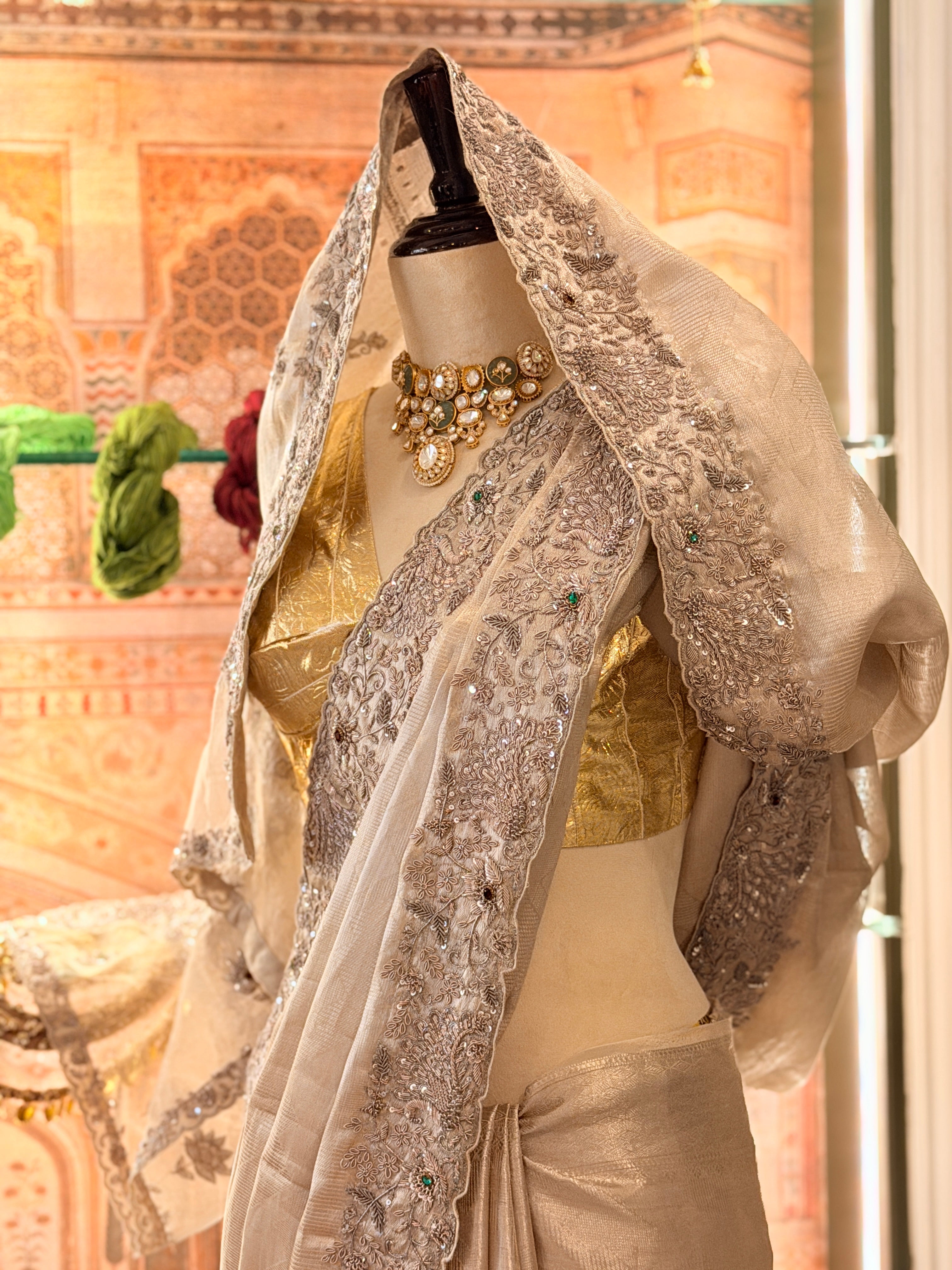 Pure Tissue Silver Jacquard Heavy hand embroidered saree