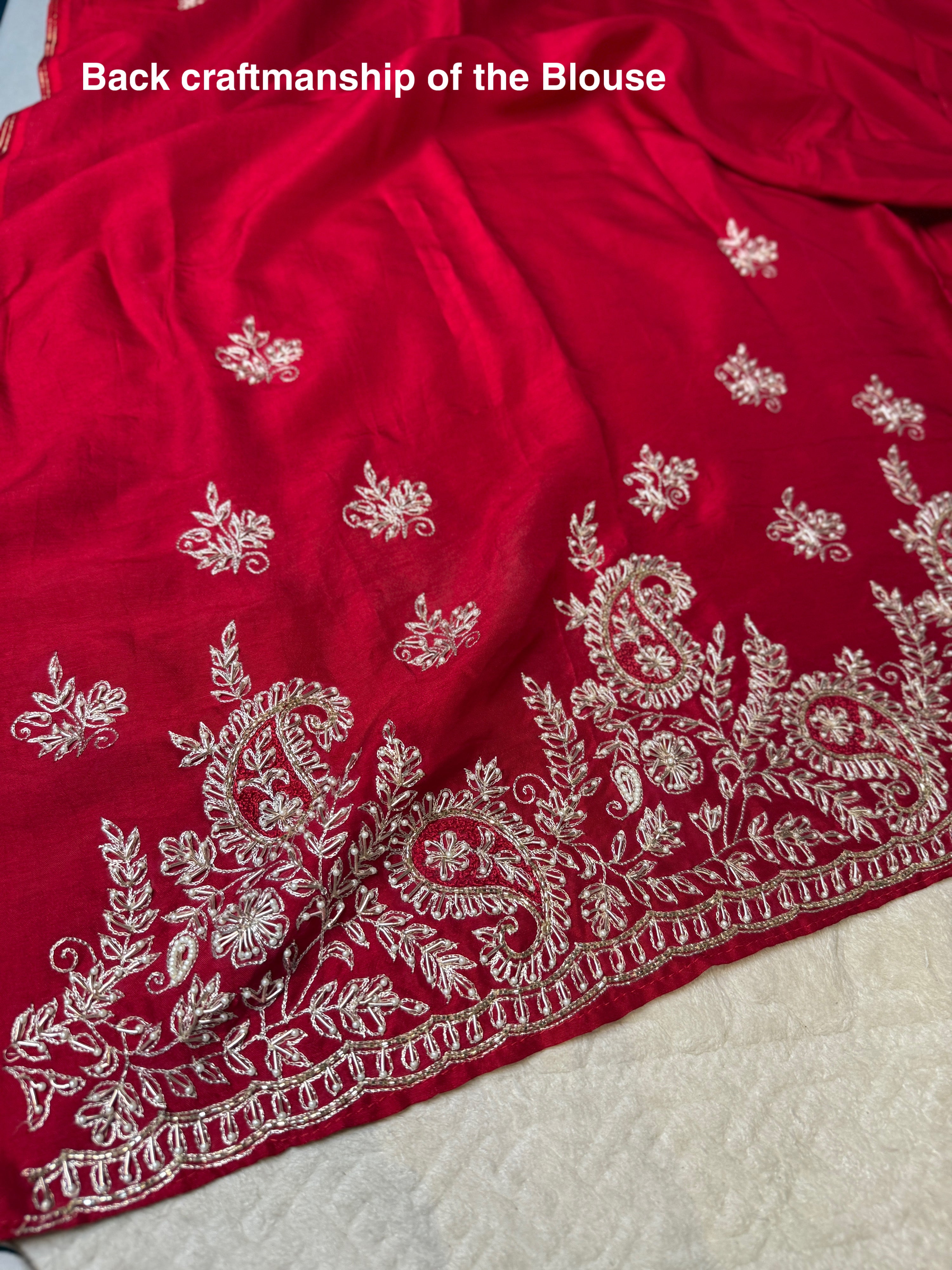 Vermillion Red kora Banasari Zardosi silk saree