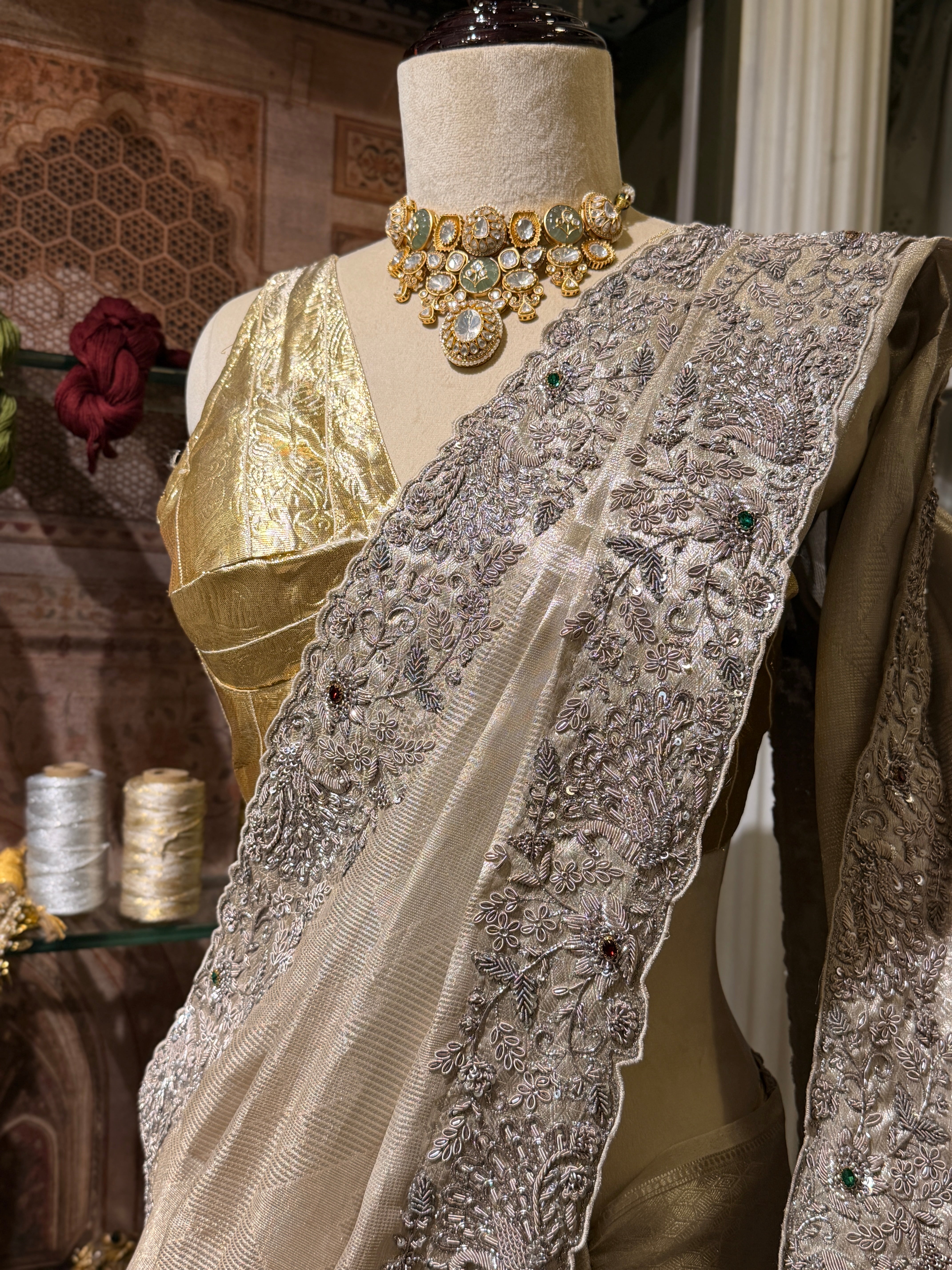 Pure Tissue Silver Jacquard Heavy hand embroidered saree