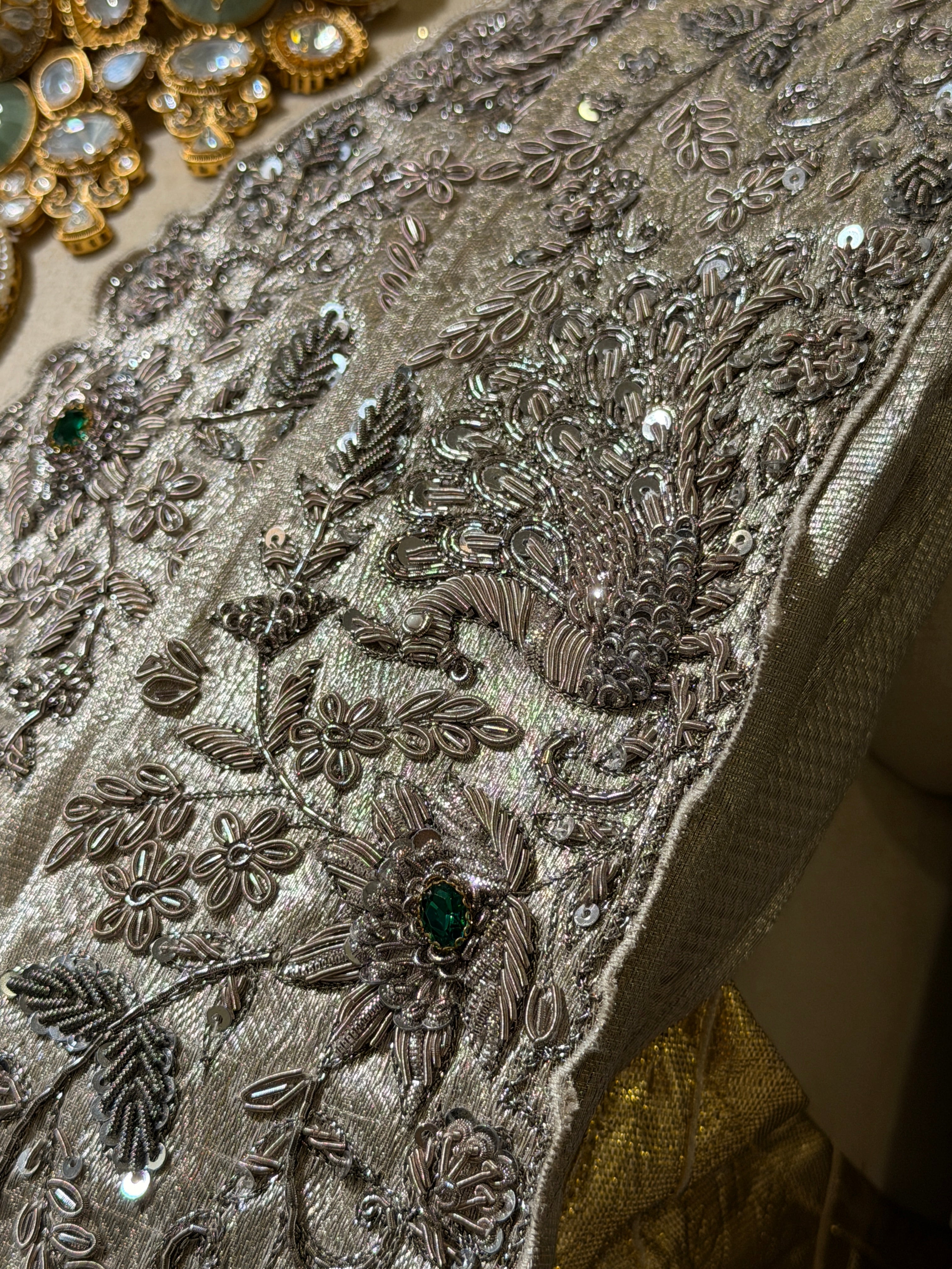 Pure Tissue Silver Jacquard Heavy hand embroidered saree