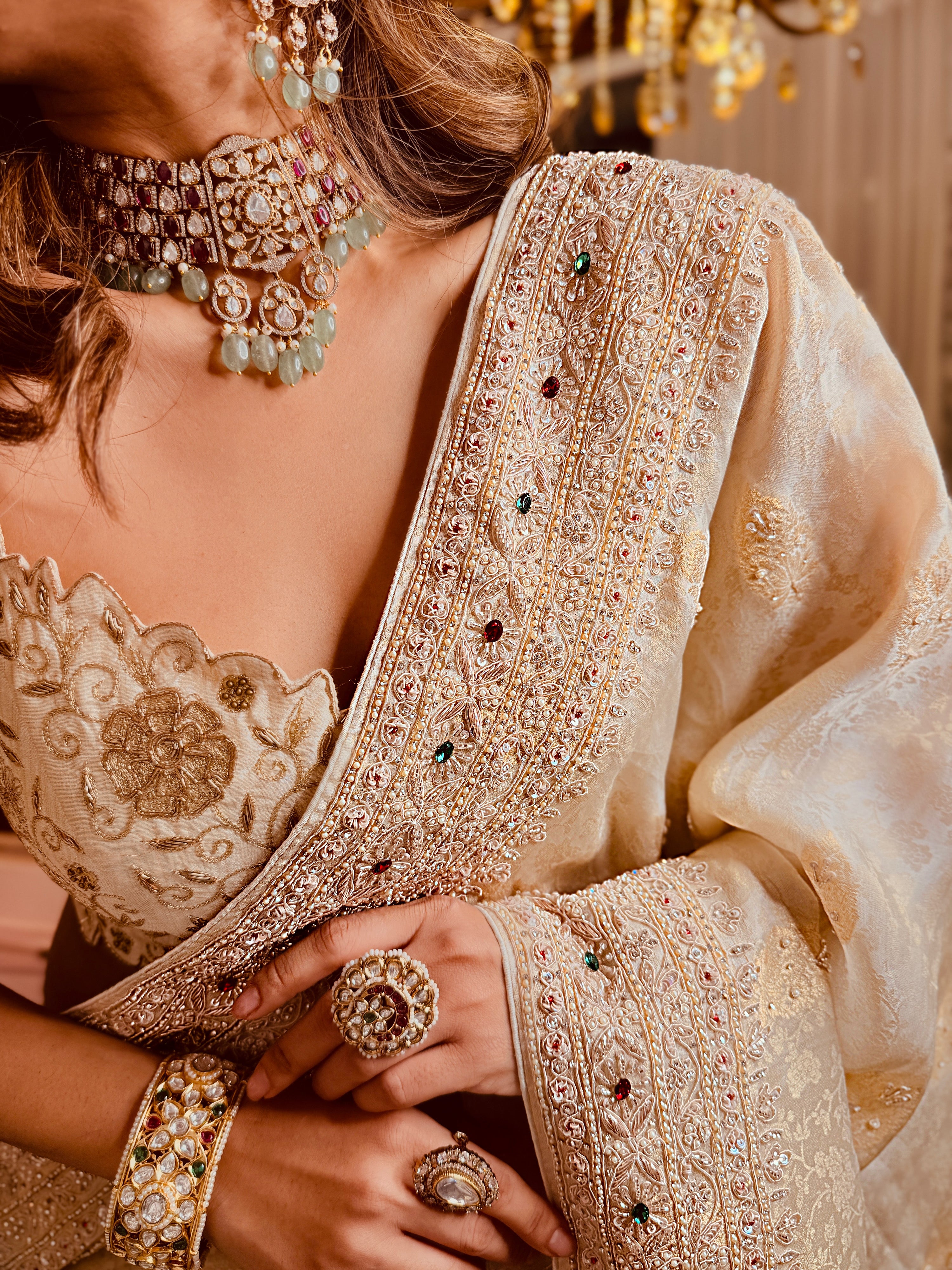Ivory zari woven Chanderi Heavy Zardosi Hand-embroidered Saree with unstitched Blouse piece