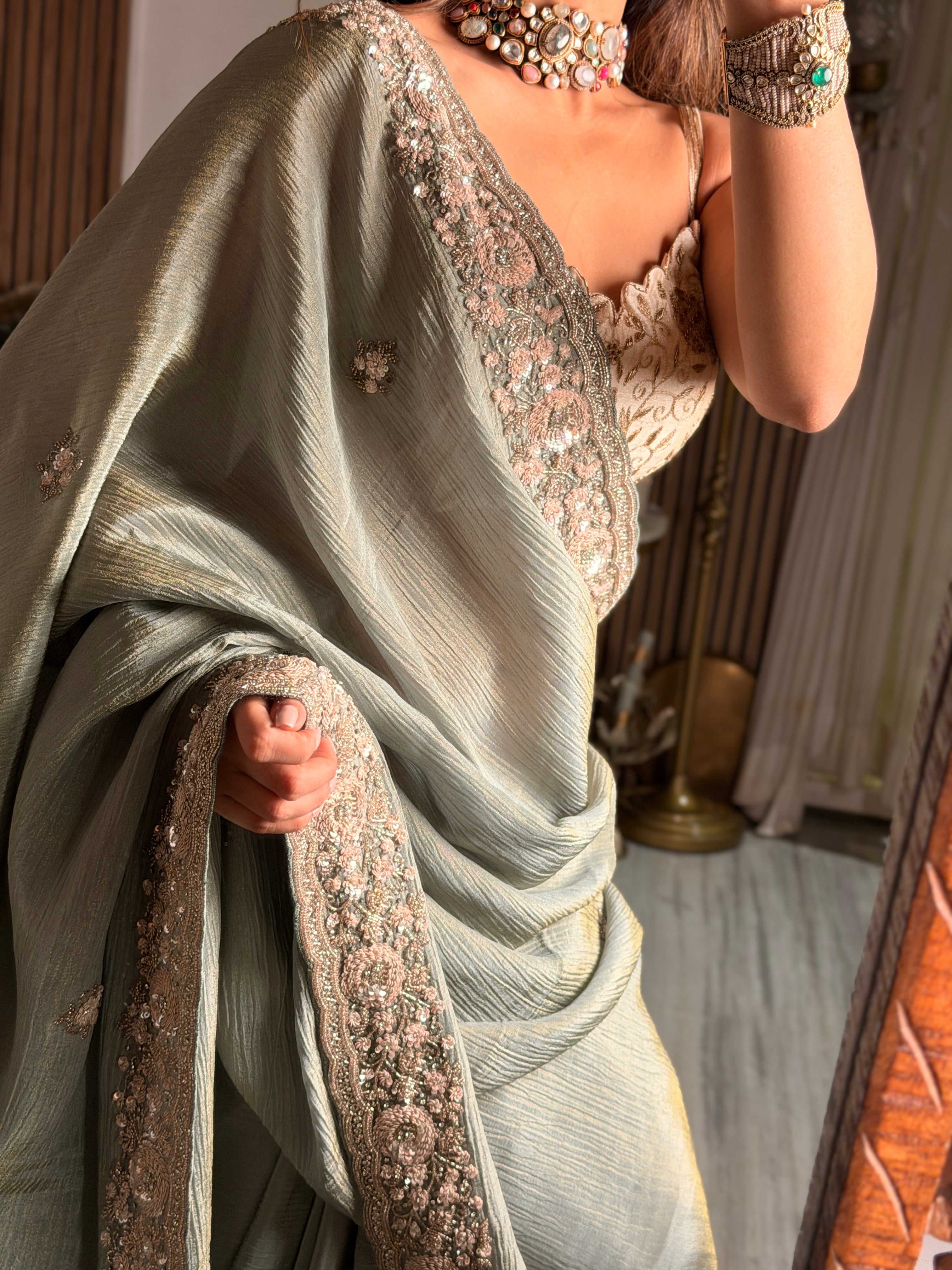 Sage sequin Dahlia Saree