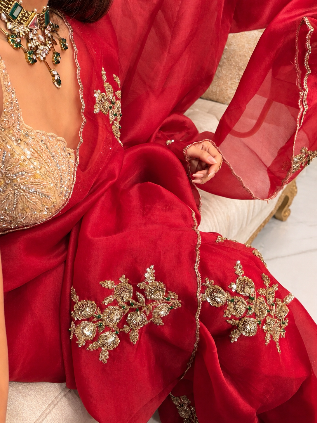Sindoori Laal latkan Zardosi work pure Organza Saree