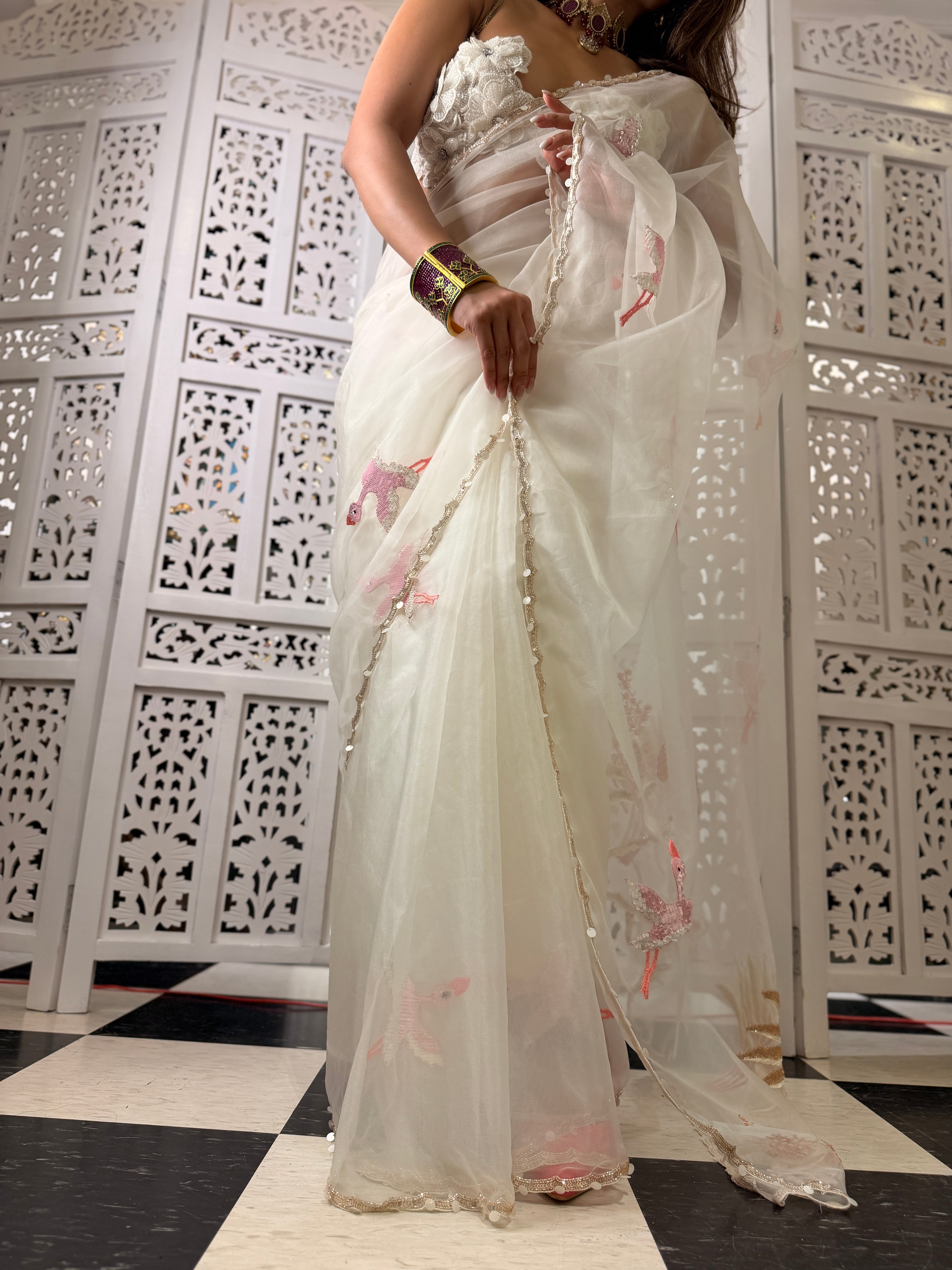 Tropical white sequin Saree
