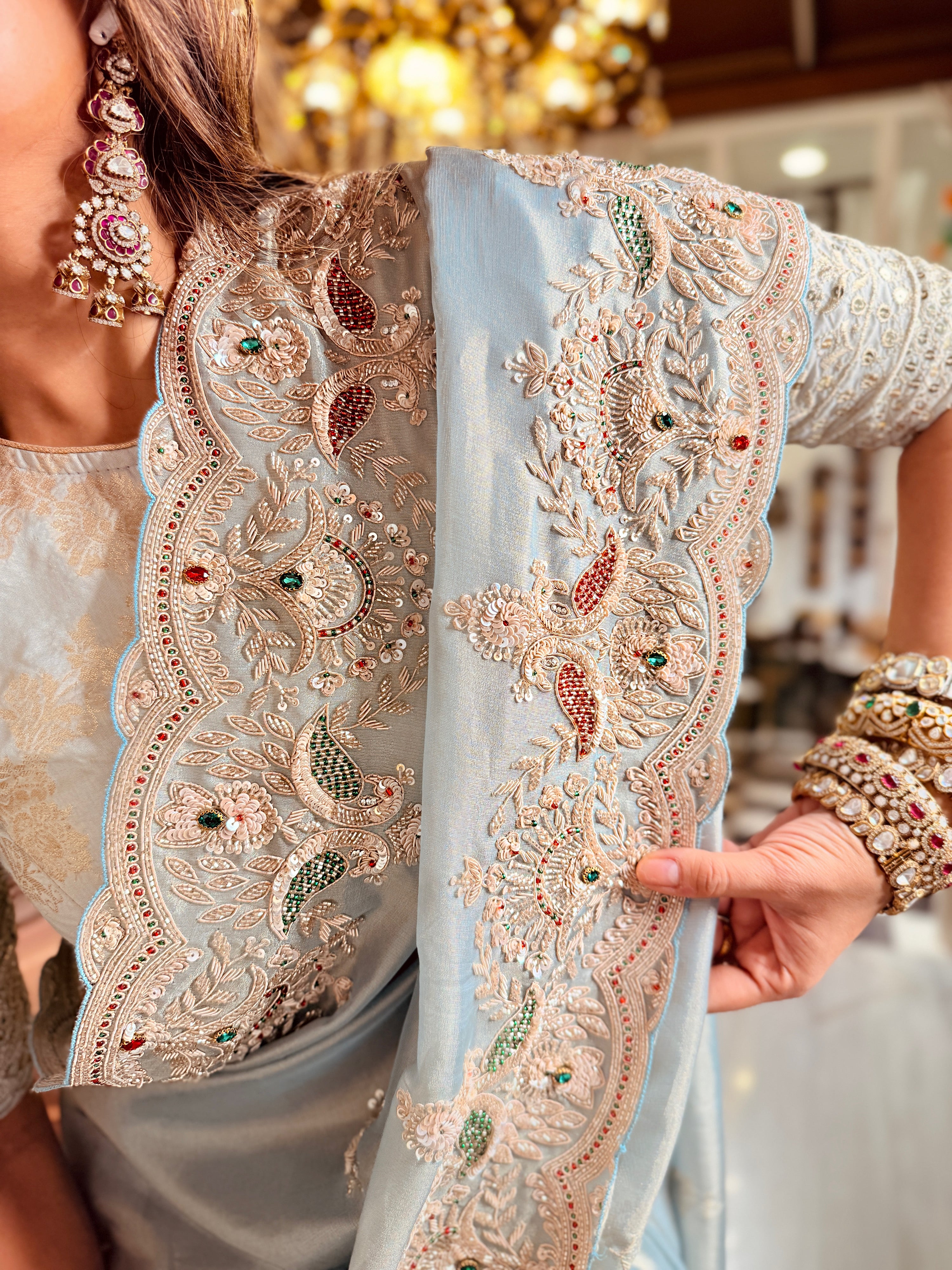 Pastel Sky-Blue zari woven Kanjivaram Tissue Heavy Zardosi Designer Saree with Blouse piece