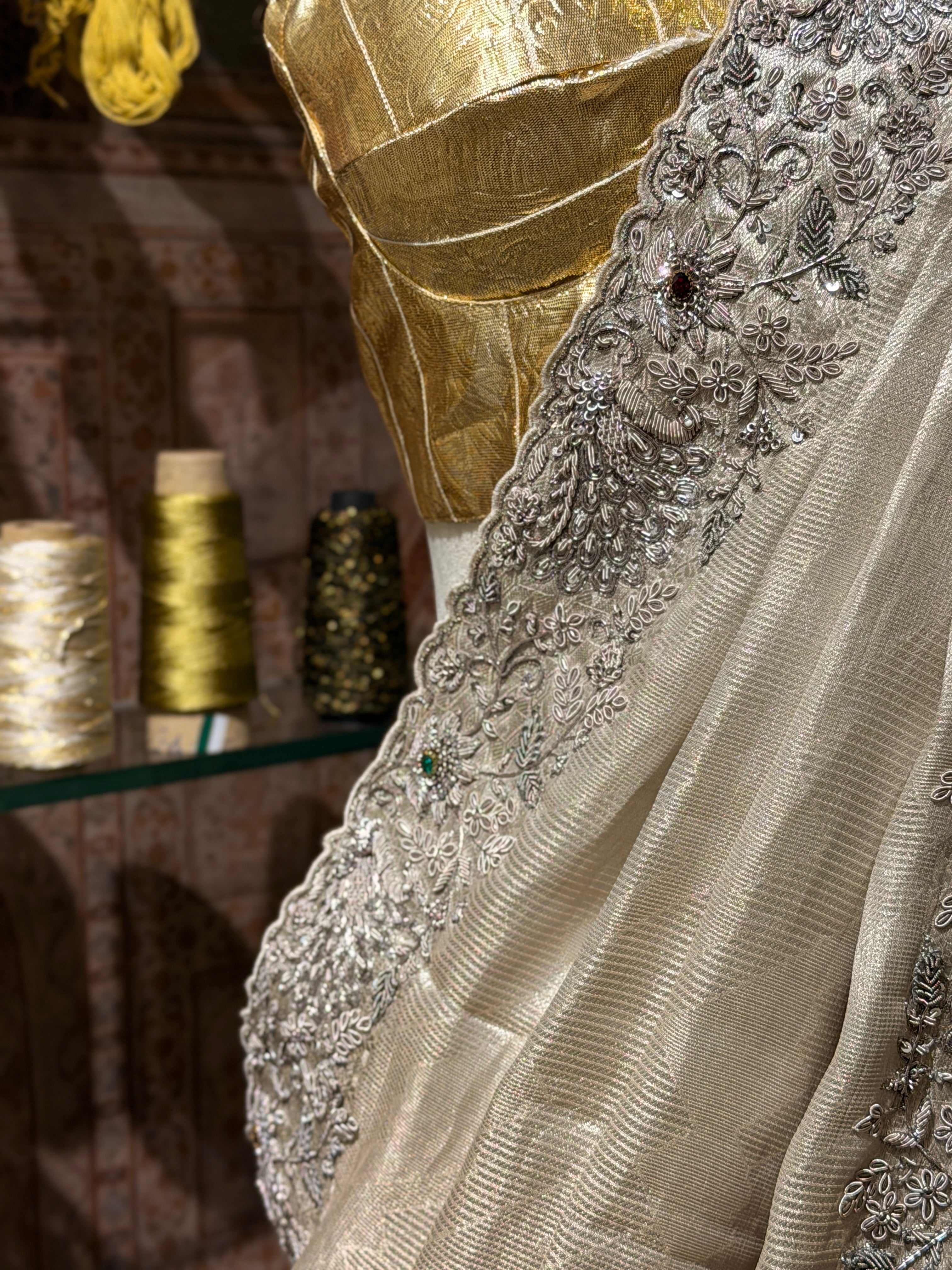 Pure Tissue Silver Jacquard Heavy hand embroidered saree