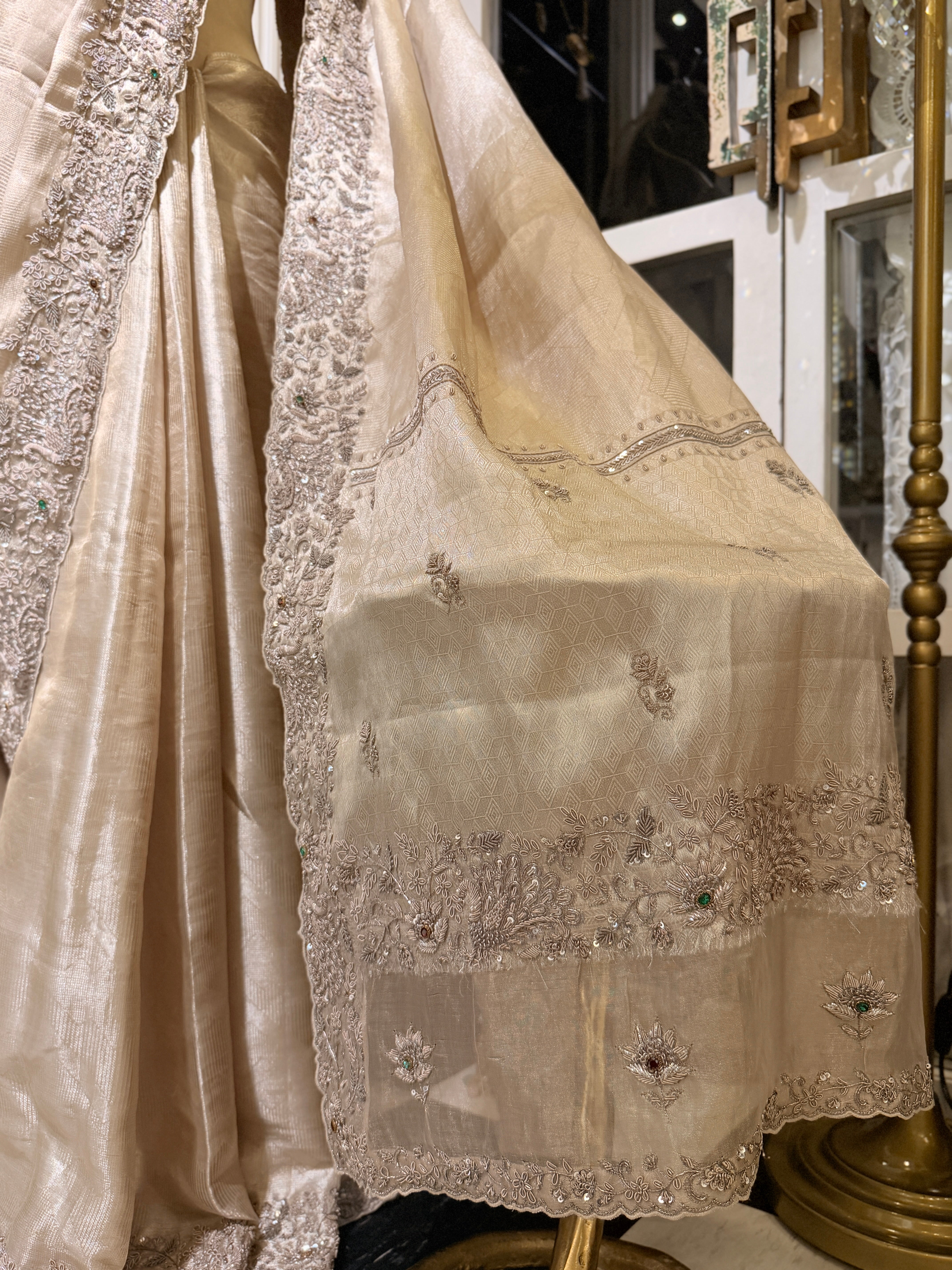 Pure Tissue Silver Jacquard Heavy hand embroidered saree