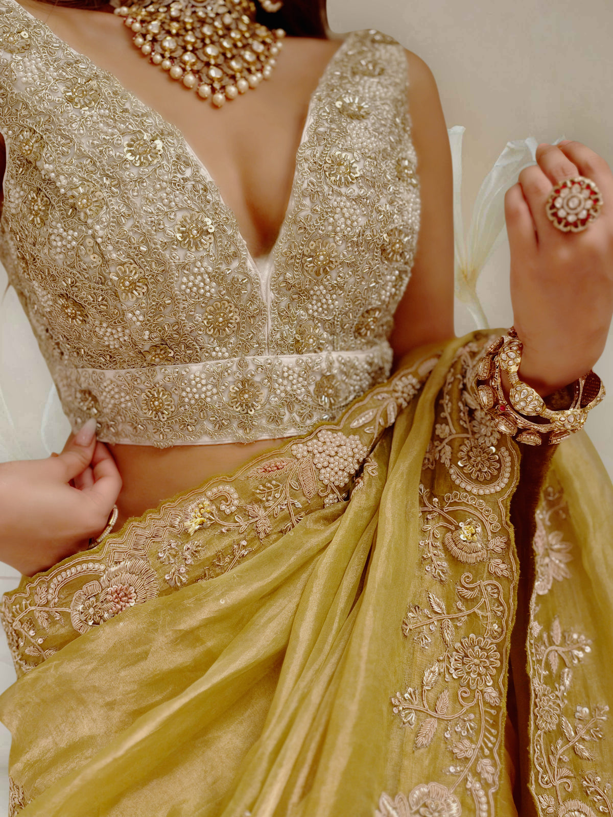 Pure Tissue zardosi Lime saree